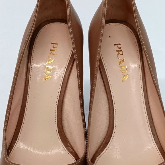 Prada Prada Women's Tan Leather Peep Toe Platform Heels - EU37/US7 Size US 7 / IT 37 - 10 Thumbnail
