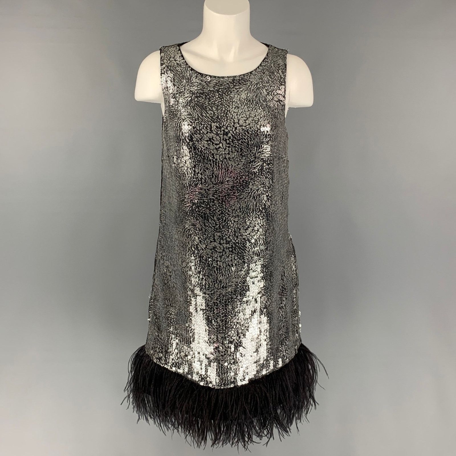 Badgley Mischka Silver & Black Polyester Sequined Ostrich Feathers Dress Size S / US 4 / IT 40 - 1 Thumbnail