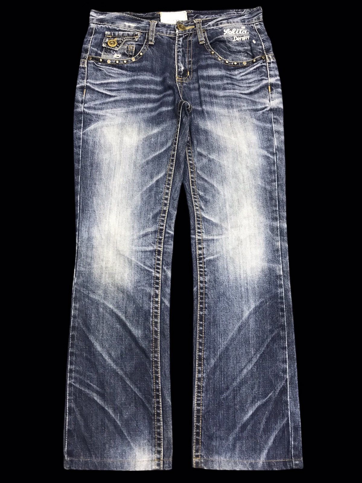 Seditionaries 💥VERY RARE💥LOLITA FLYING SKULL EMBROIDERY DENIM F384 Size US 31 - 2 Thumbnail