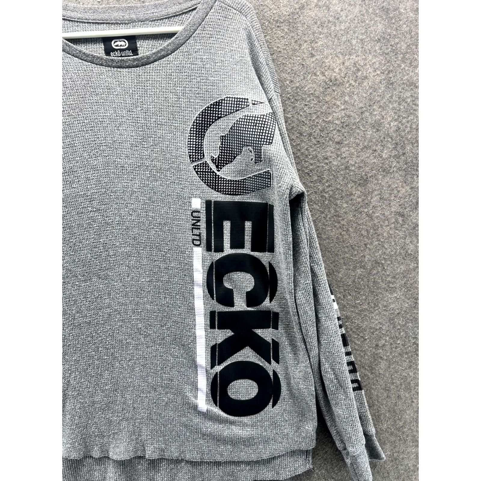 Ecko Unltd. Ecko Unltd Sweater Mens XL Gray Waffle-Knit Thermal Graphic Crewneck Pullover Size US XL / EU 56 / 4 - 7 Thumbnail