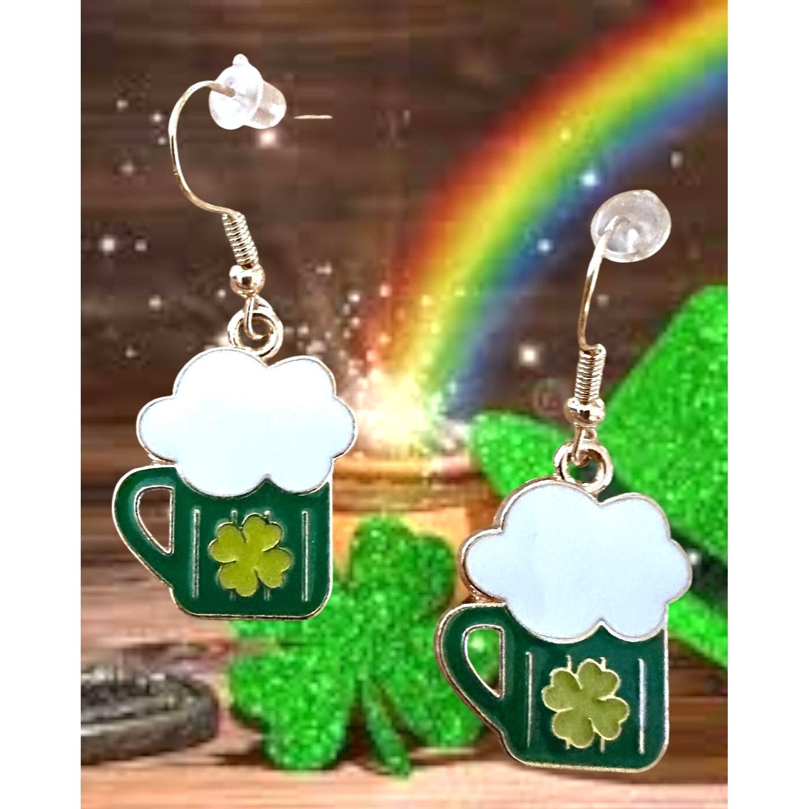 Handmade St Patricks Day Earrings Beer Four Leaf Clover Dangle Hooks Size ONE SIZE - 8 Thumbnail