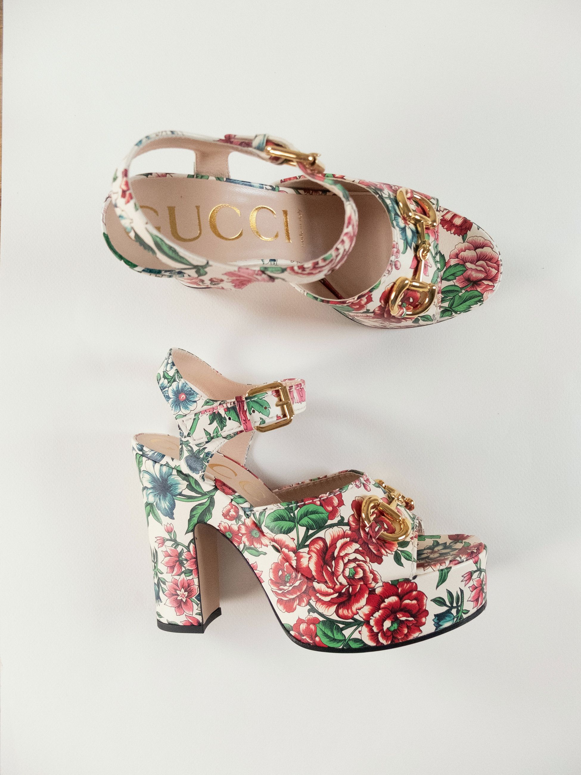 Gucci GUCCI Charlotte white floral print horsebit platform sandals Size US 9.5 / IT 39.5 - 1 Thumbnail