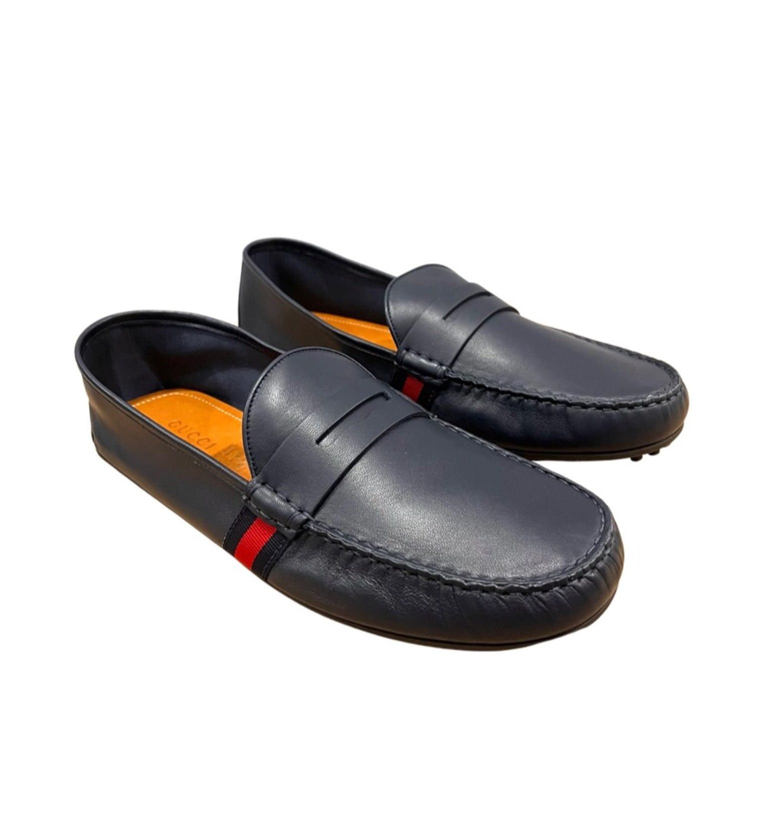 image of Gucci Web Leather Men Loafers In Blue Size 14