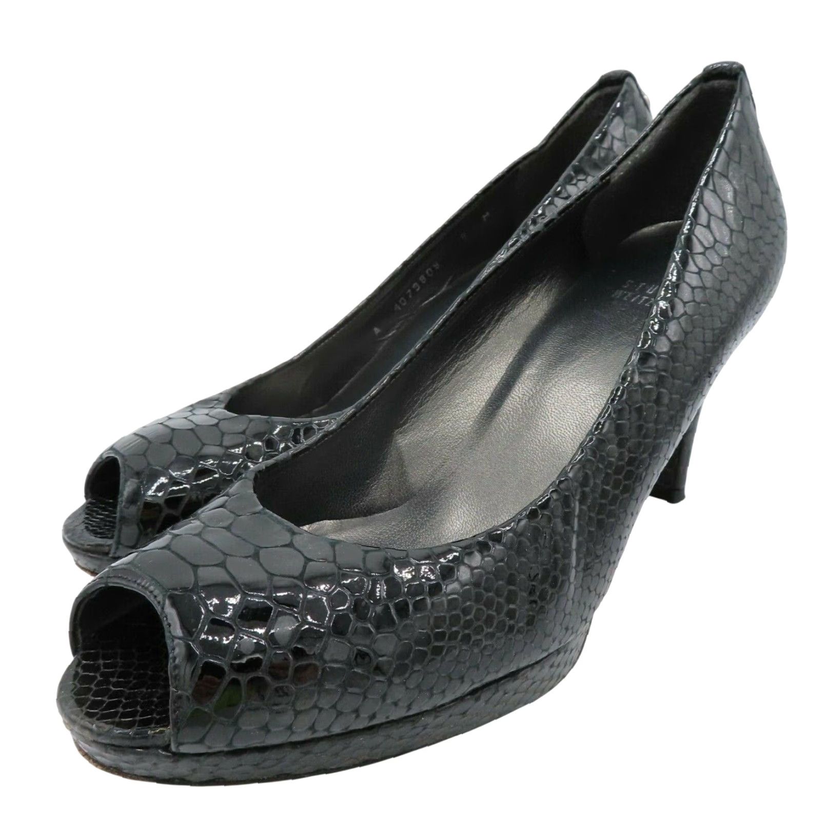 Stuart Weitzman Stuart Weitzman Women 8 M Black Patent Snakeskin Leather 4079808 Peep Toe Heels Size US 8 / IT 38 - 2 Thumbnail