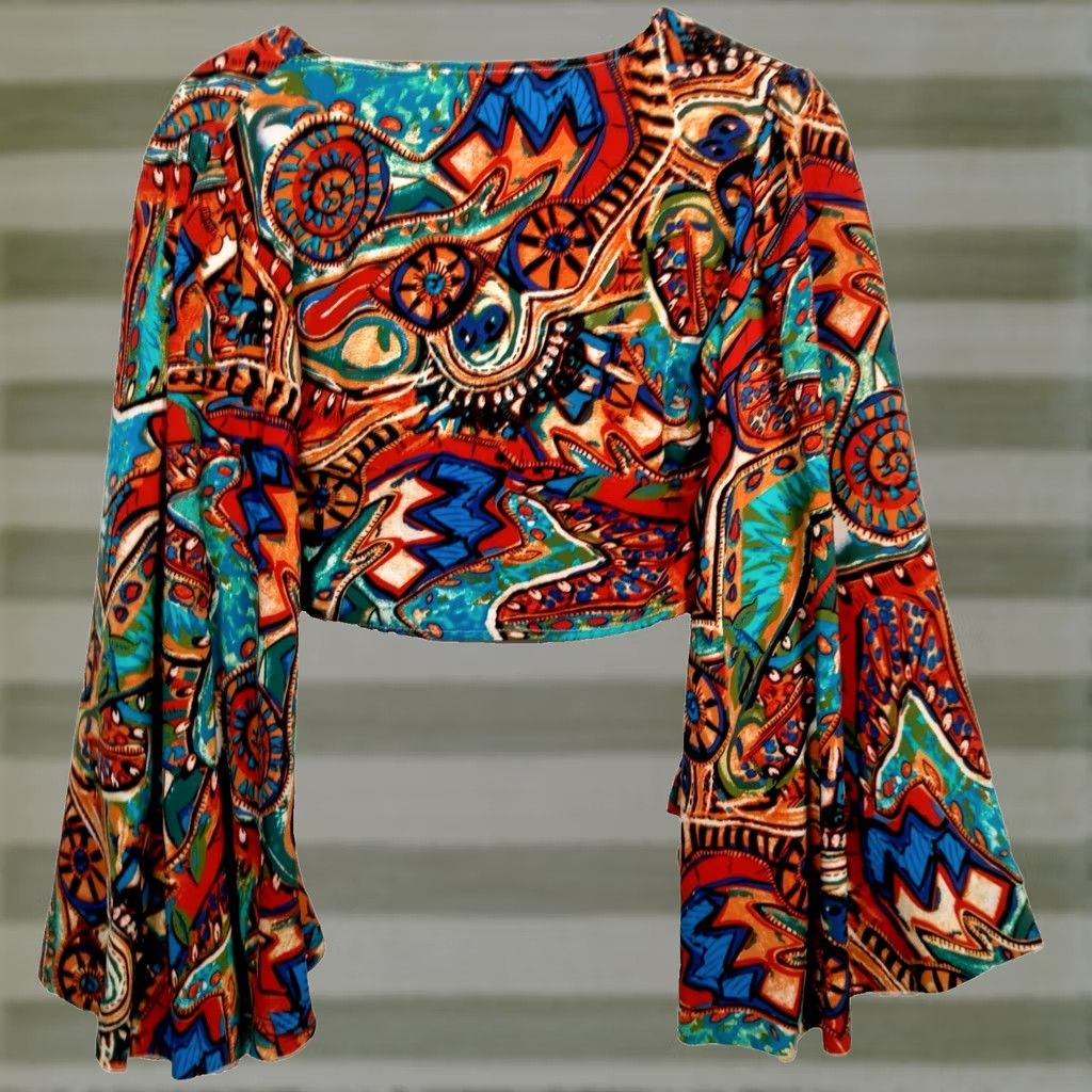 Bell LUUKSE Top Cropped Blouse S Multicolor Long Sleeve Bell V-Neck Abstract Artsy Boho/ Hippie Style Womens Size S / US 4 / IT 40 - 1 Thumbnail