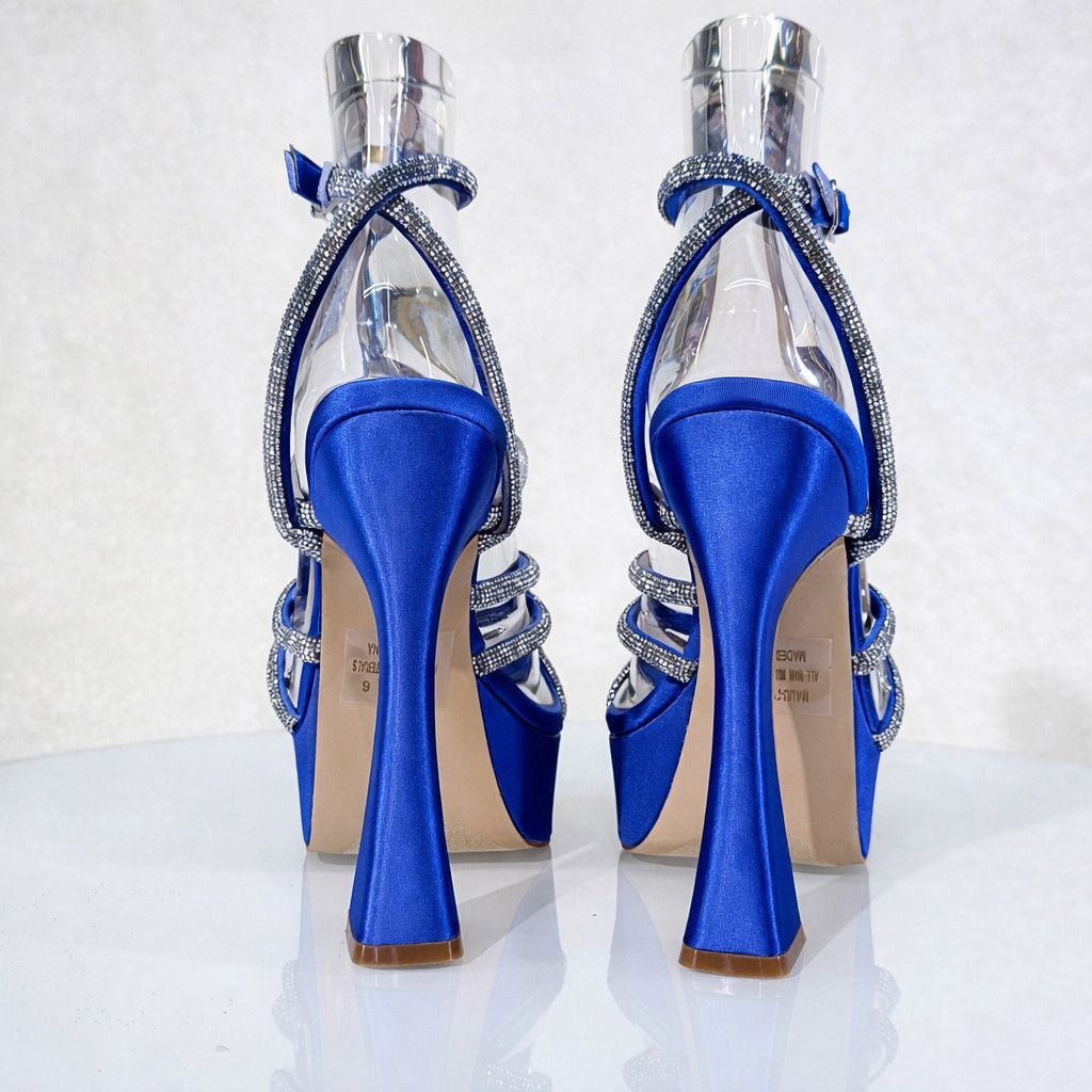 Other Maui Cobalt Blue Satin 6" Flared Platform High Heels Rhinest Size US 7 / IT 37 - 4 Thumbnail