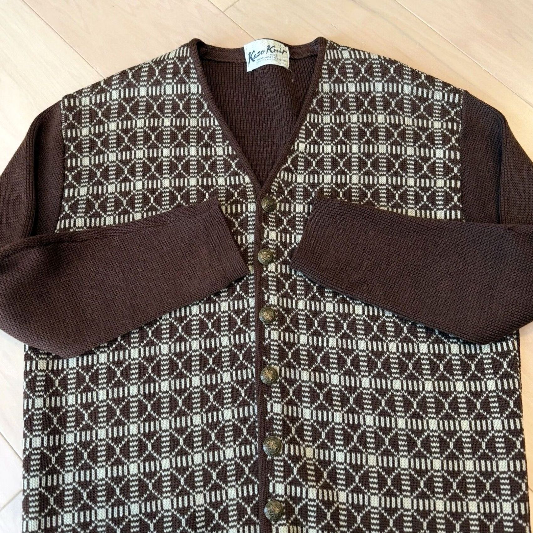 Vintage VINTAGE Kaso Knit Cardigan Women's L Brown Argyle Worsted Wool 70s Glam Cardigan Kimono Sleeve V-Neck Knit Wool All Seasons Classic Jacket, 1-Size? Size L / US 10 / IT 46 - 4 Thumbnail