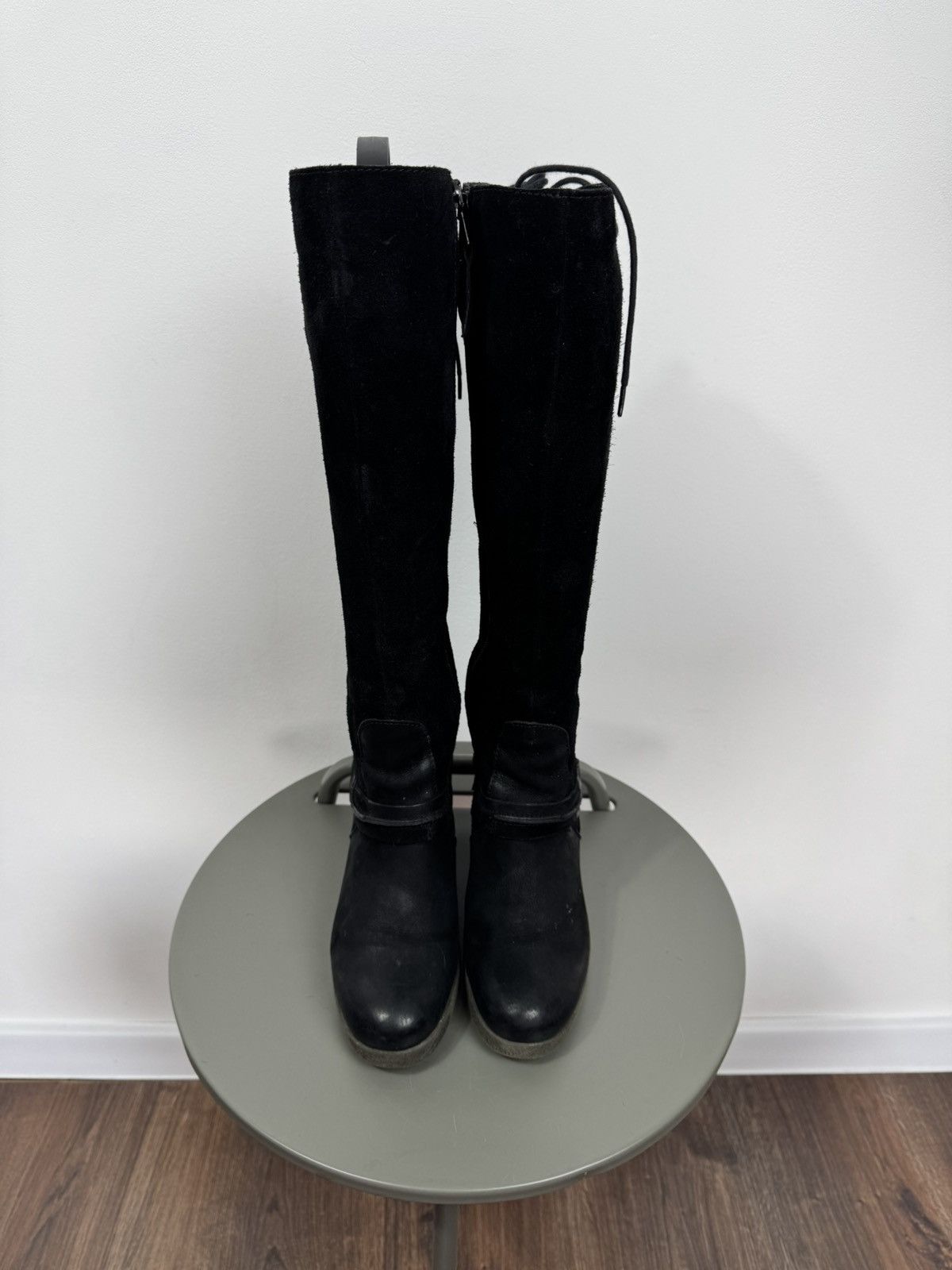 Other Vintage Black Wedge Knee High Boots Back Lace Up Suede EU 38 Size US 7 / IT 37 - 5 Thumbnail