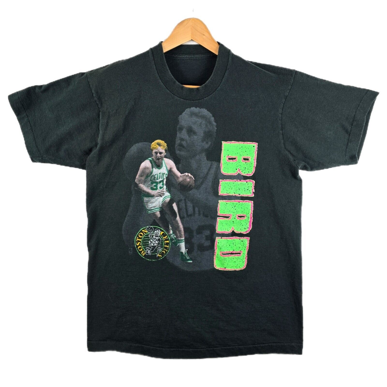 Larry Bird RARE Boston Celtics factory Salem Single Stitch tee shirt M black NBA vtg