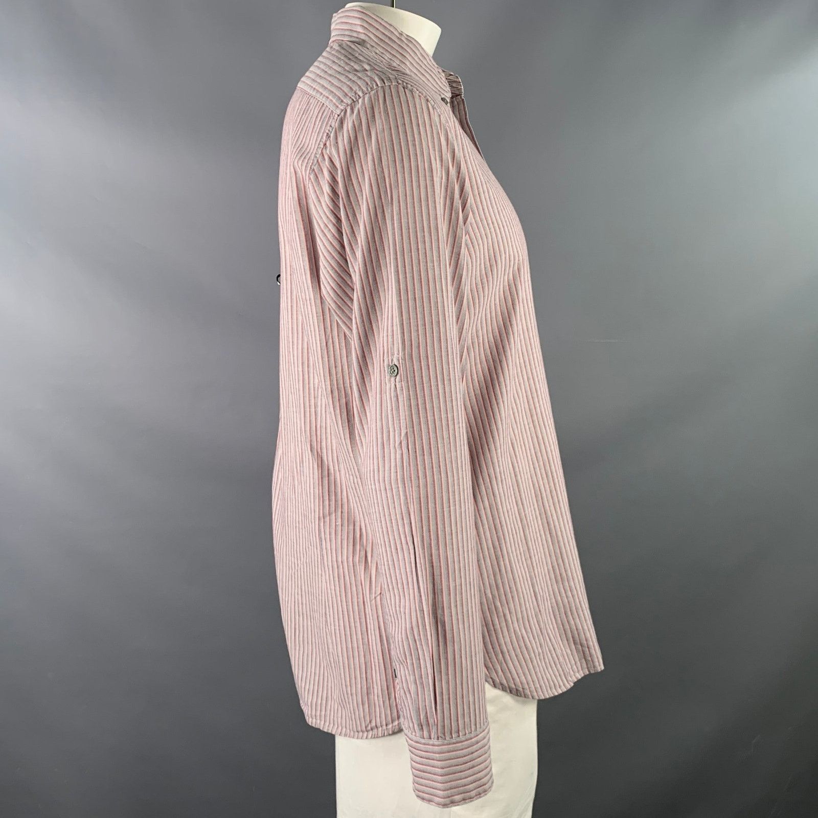 Size L Grey Pink Stripe Cotton Roll Tab Long Sleeve Shirt