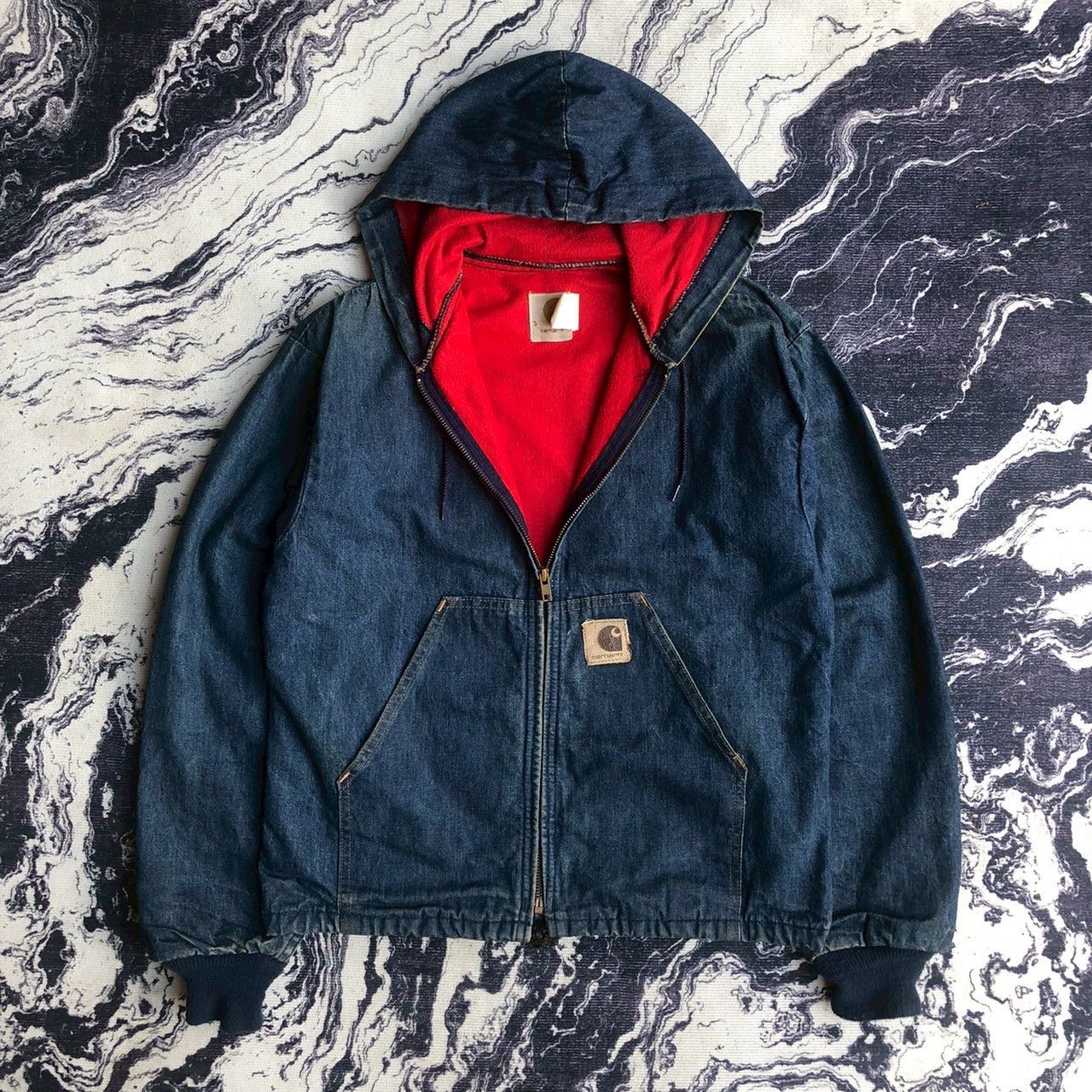 Carhartt Vintage 80s Carhartt Denim Hooded Jacket with Fleece Lining Size US S / EU 44-46 / 1 - 1 Thumbnail