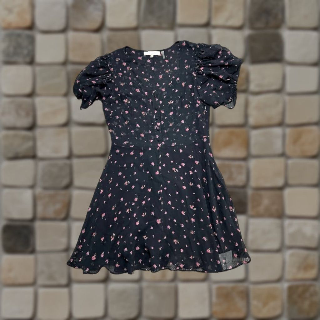 LoveShackFancy Cora Floral Mini Dress Womens XS Black Silk Puff Sleeve Shirt?