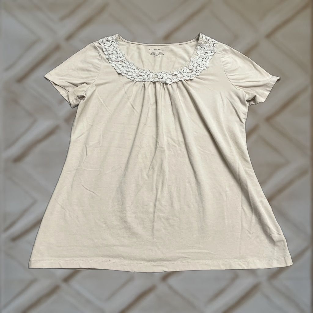 Charter Club Charter Club Shirt Women M Brown Lace Pleated Short Sleeve Round Neck Casual Size M / US 6-8 / IT 42-44 - 1 Thumbnail