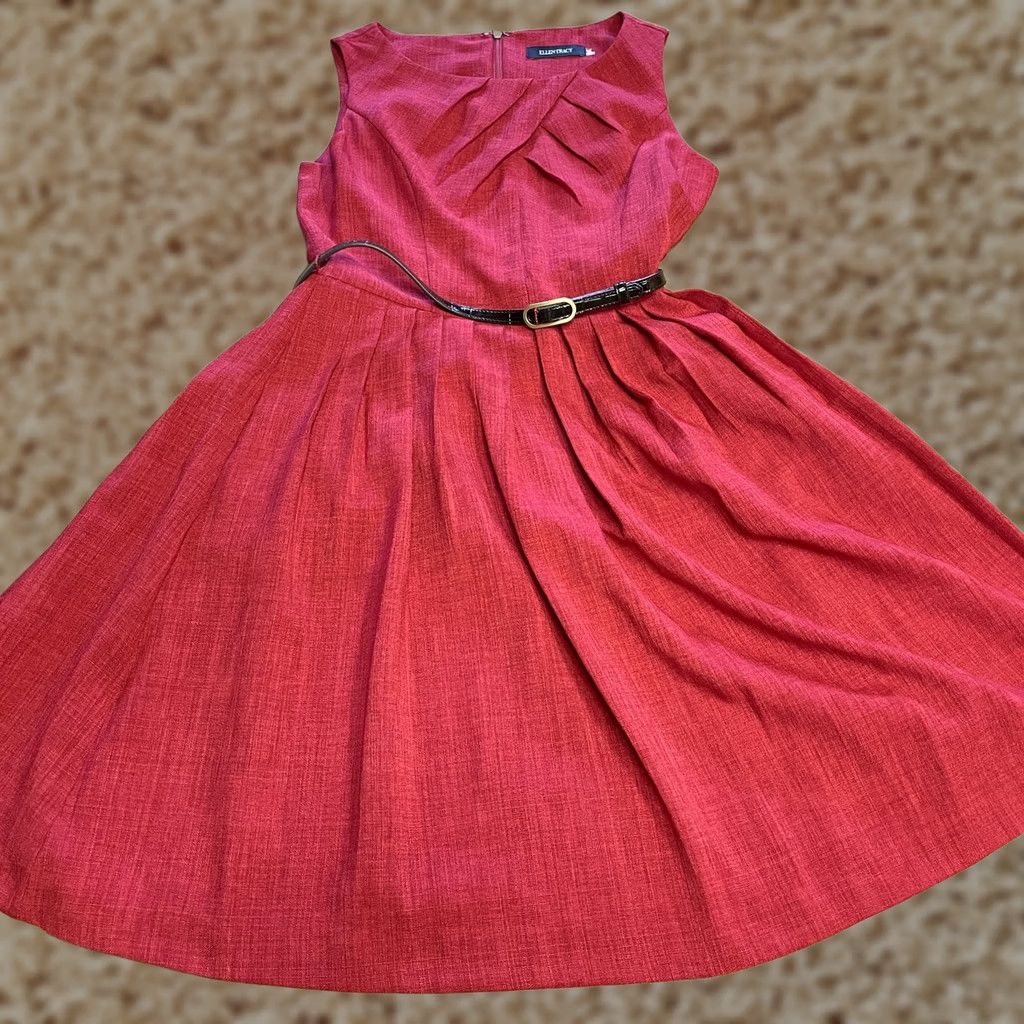 Ellen Tracy Ellen Tracy Dress Womens Medium Red Fit Flare Sleeveless Pleated Belted Classic Size M / US 6-8 / IT 42-44 - 1 Thumbnail