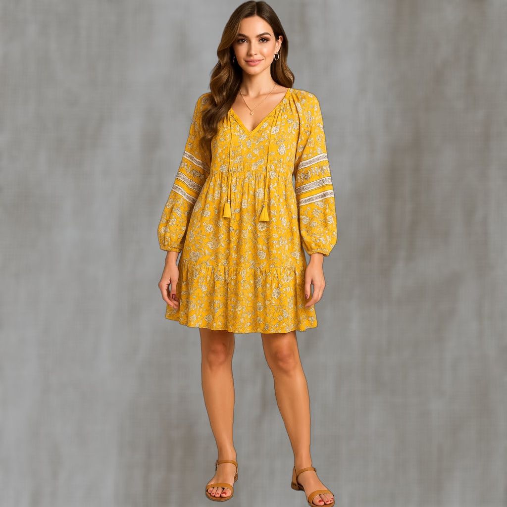 VINTAGE Old Navy Dress Women XL Yellow Floral Boho Cottagecore