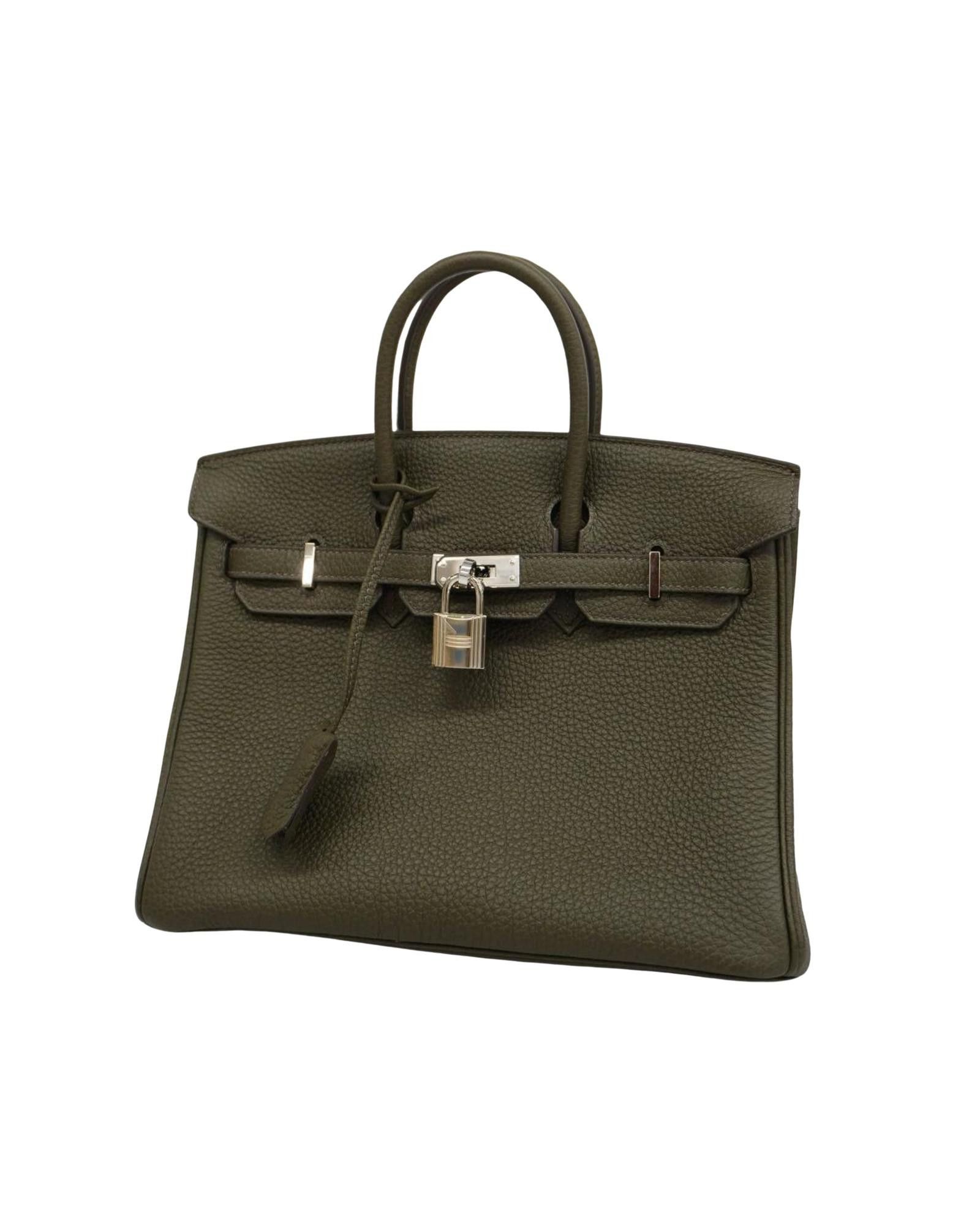 image of Hermes Luxury Khaki Leather Handbag With Silver Hardware - Excellent Condition, Women's