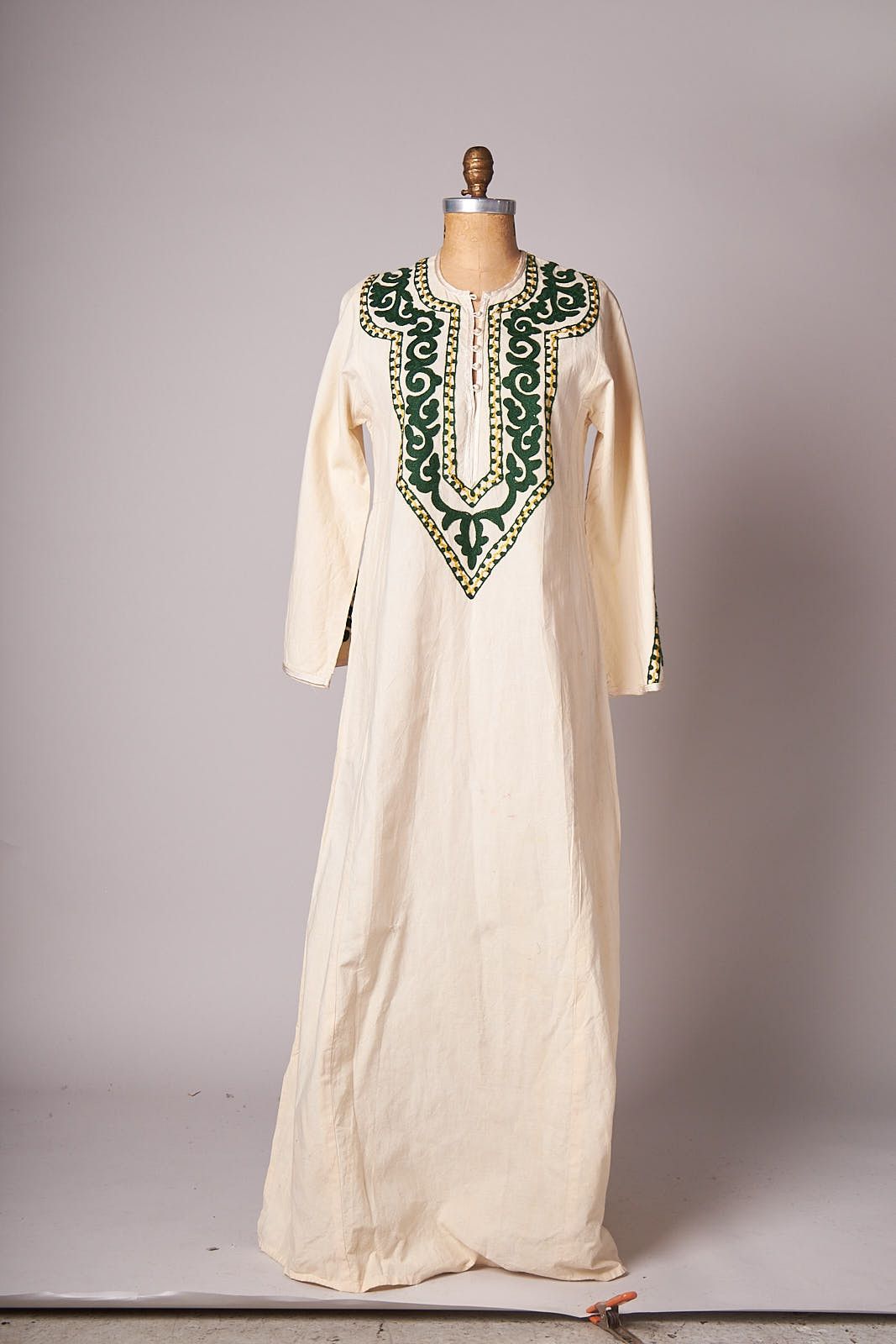 1970s Cream Cord Embroidered Maxi Caftan Dress