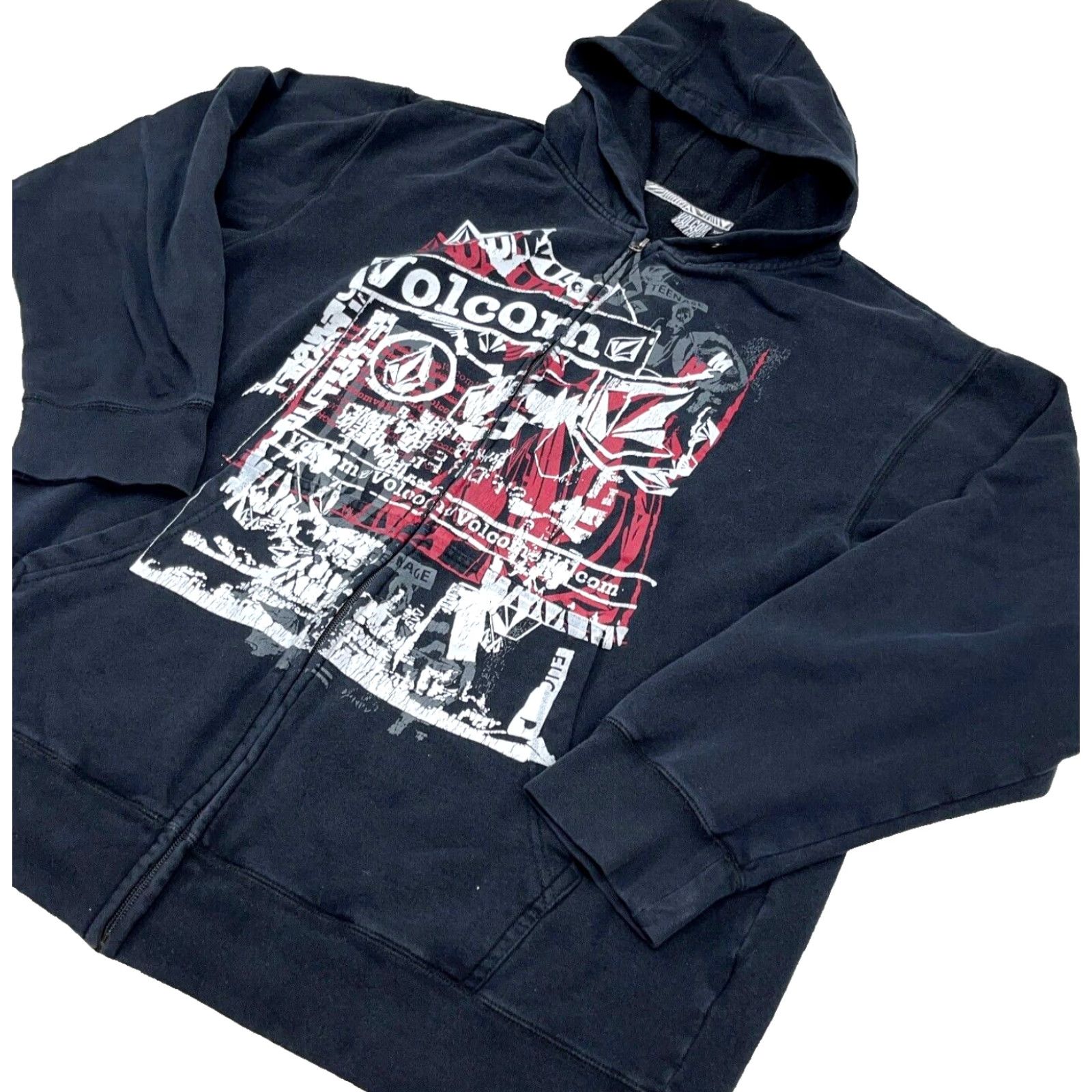 Vintage Volcom Men Hoodie Full Zip Jacket 2XL Black Fleece Graphic Print Logo Y2K Skater