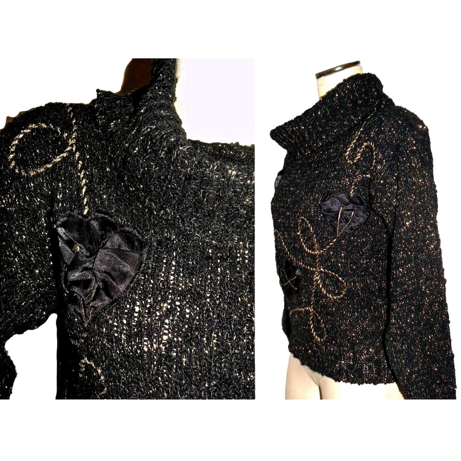 Vintage 80s Black & Gold Lurex Metallic COWL Neck Sweater Size XS / US 0-2 / IT 36-38 - 4 Thumbnail