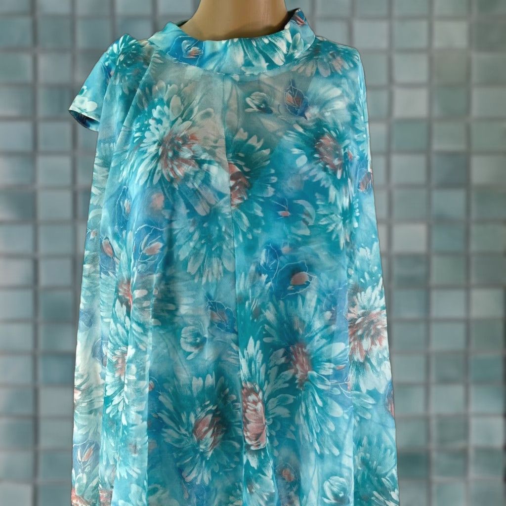 Vintage Womens VTG Floral Print Drape Front Sleeveless Mock Neck Blue Maxi Dress Size 20.5 Size 3XL / US 20-22 - 1 Thumbnail
