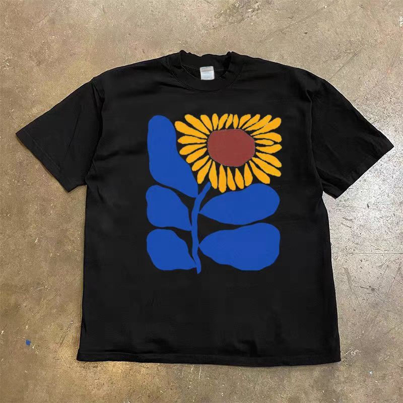 Japanese Brand Black Loose Sunflower Flower Print Short Sleeve T-Shirt Size US M / EU 48-50 / 2 - 1 Thumbnail