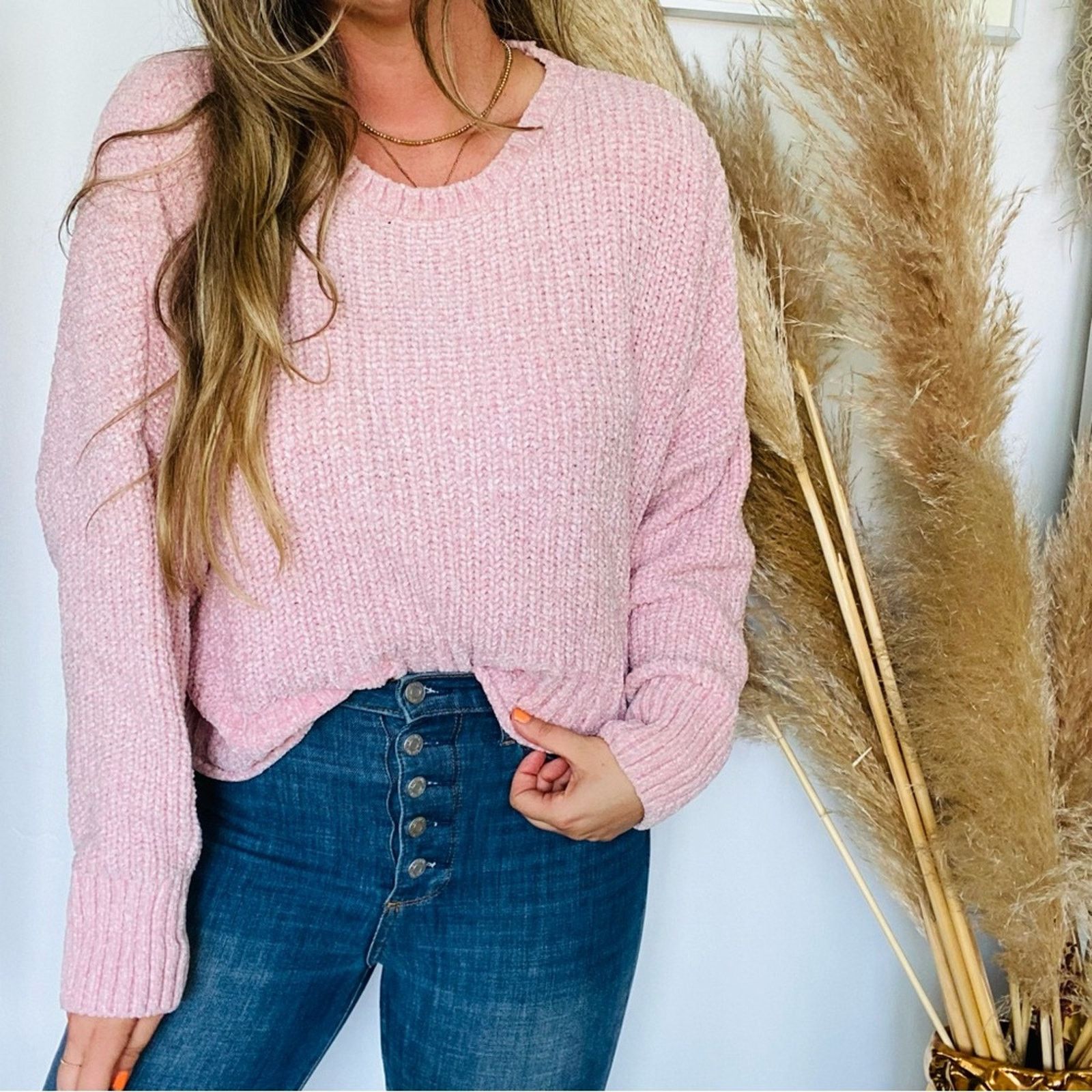 Free People NEW ALTAR'D STATE Soft Pink Chunky Knit Pullover Sweater Size L / US 10 / IT 46 - 1 Thumbnail