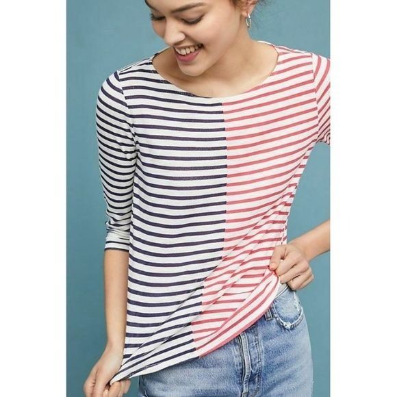 Anthropologie Anthropologie Blocked Striped Boat Neck Top Red & Blue 3/4 S Size XS / US 0-2 / IT 36-38 - 4 Thumbnail