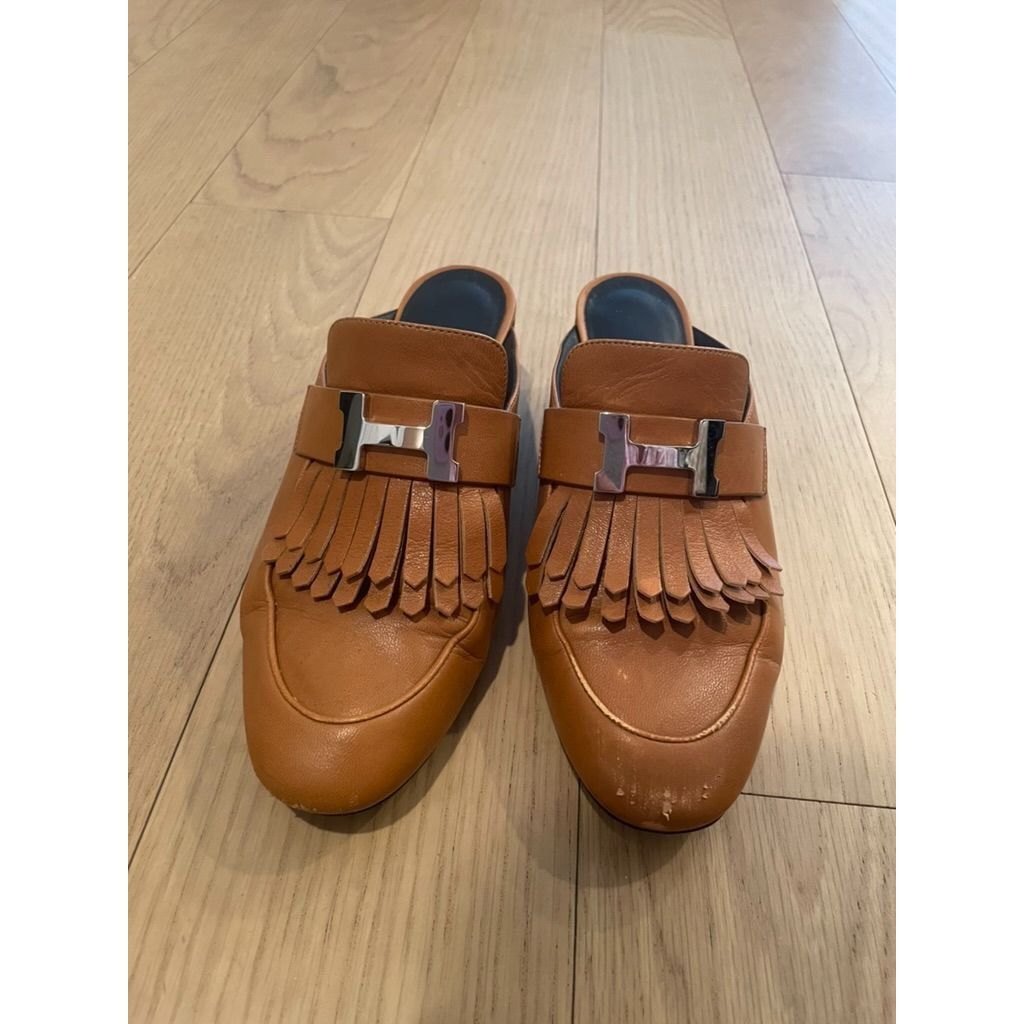 Hermes Hermès Womens Tan Leather Fringe Detail Mules With Dust Bags Size US 5 / IT 35 - 1 Thumbnail