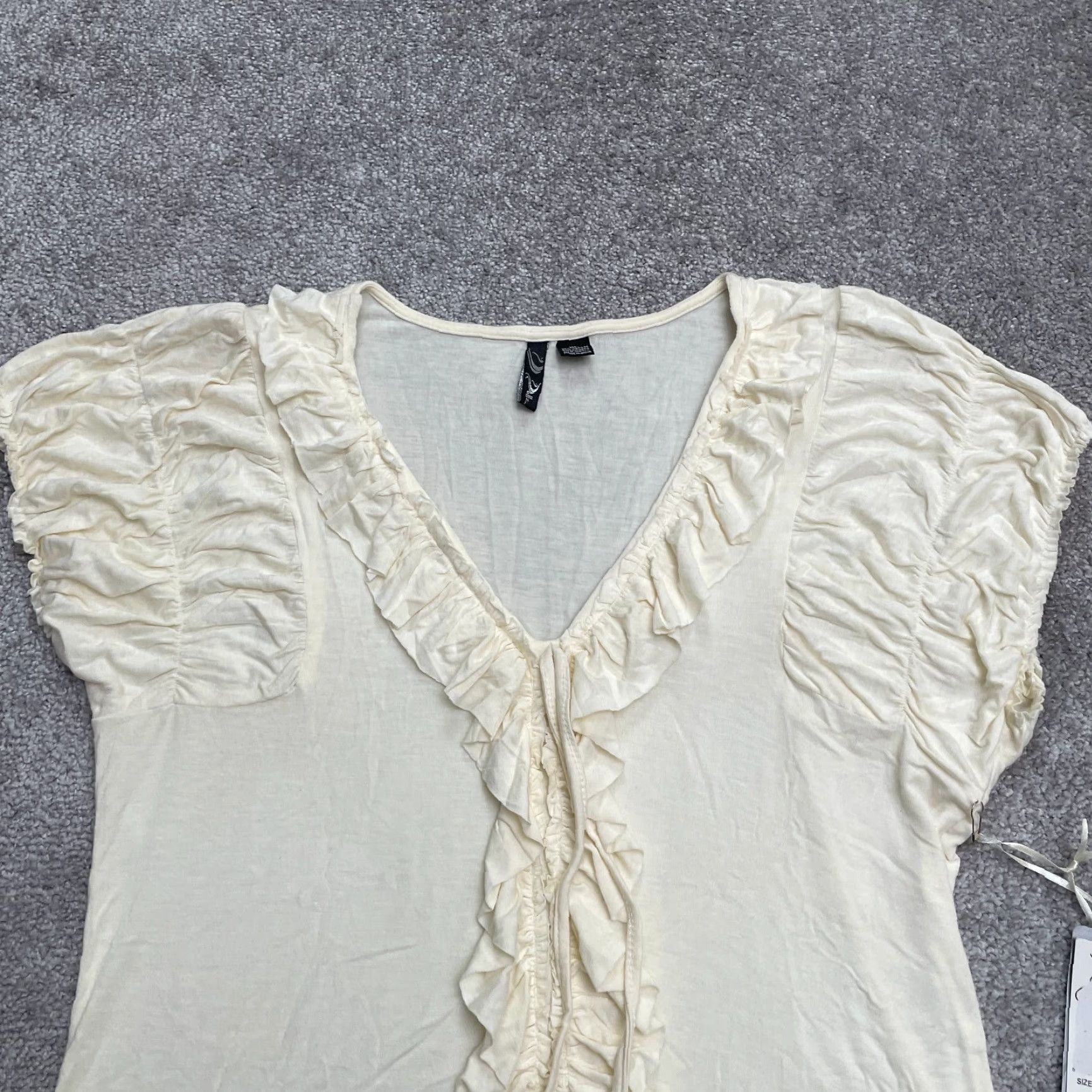 Vintage Dollz Blouse Shirt Womens XL Ivory V-Neck Short Sleeve Casual Stretch NWT Ruffle Knit Lightweight Easy Care Solid Designer 90s? Size XL / US 12-14 / IT 48-50 - 3 Thumbnail