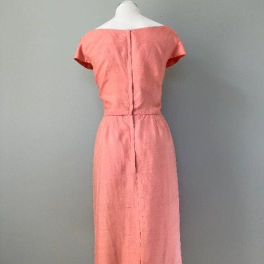 Vintage Vintage 1950s Peach Silk Linen Short Sleeve Summer Dress Size L / US 10 / IT 46 - 4 Thumbnail