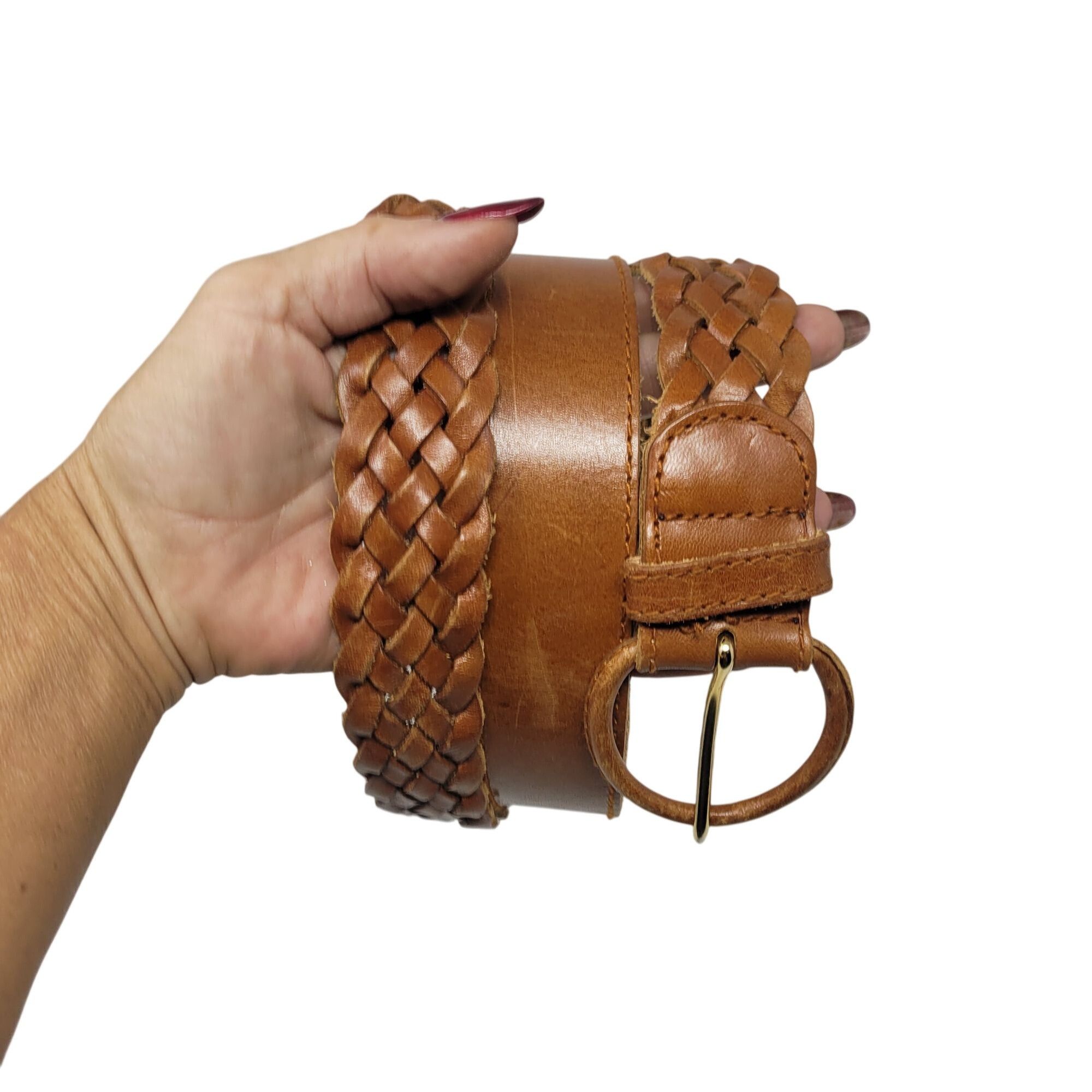 Vtg Western Boho Camel Brown Braided Weaved Genuine Leather