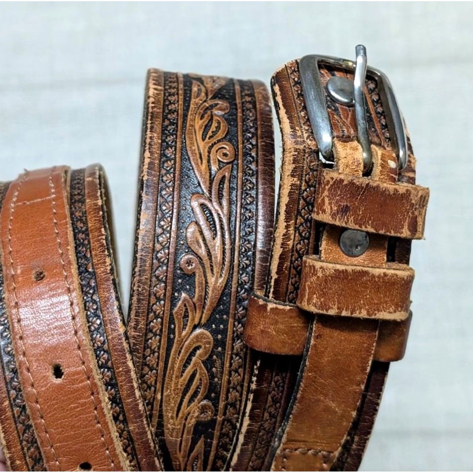 Vintage VINTAGE handcrafted western belt 38 brown leather Tooled Ranger belt Men Adult 38 Brown Western Belt Ranger Mens Size 38 - 2 Thumbnail