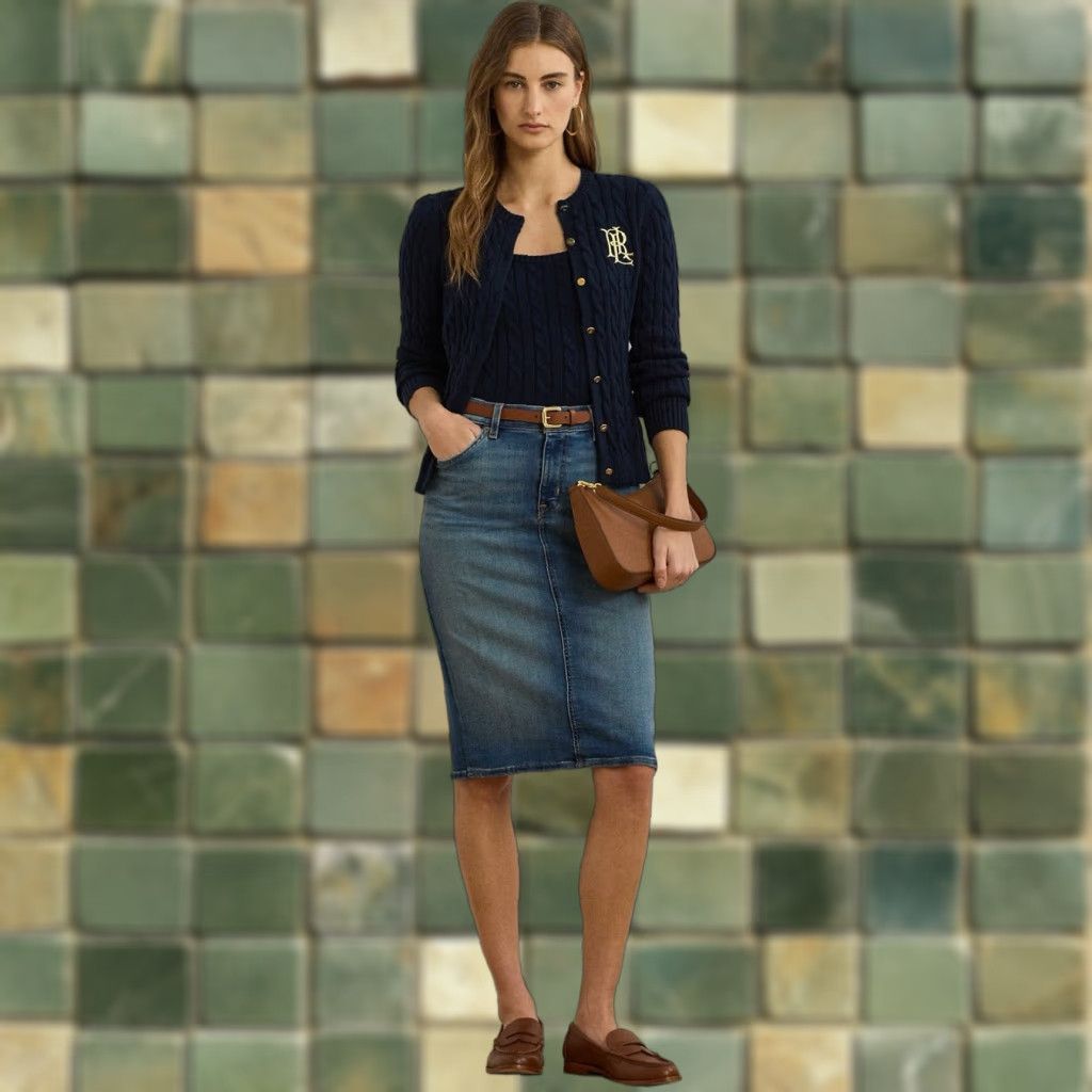 Lauren Ralph Lauren Denim Skirt Womens 2 Knee Length High Waist Blue Cotton Elastane Zipper Button Casual Vintage? No—Vintage No