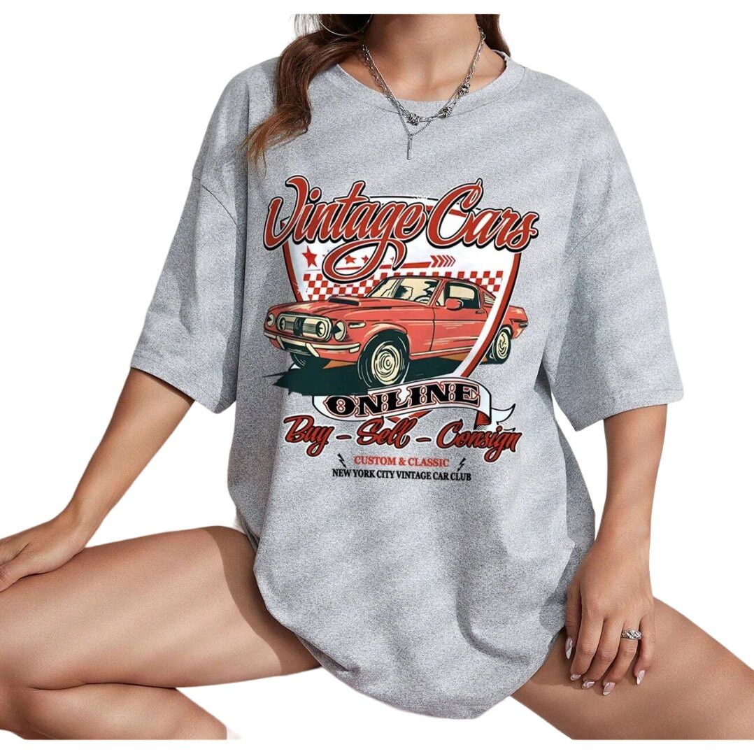 Shein Car & Letter Graphic Drop Shoulder Oversized Tee, Size L Size L / US 10 / IT 46 - 1 Thumbnail