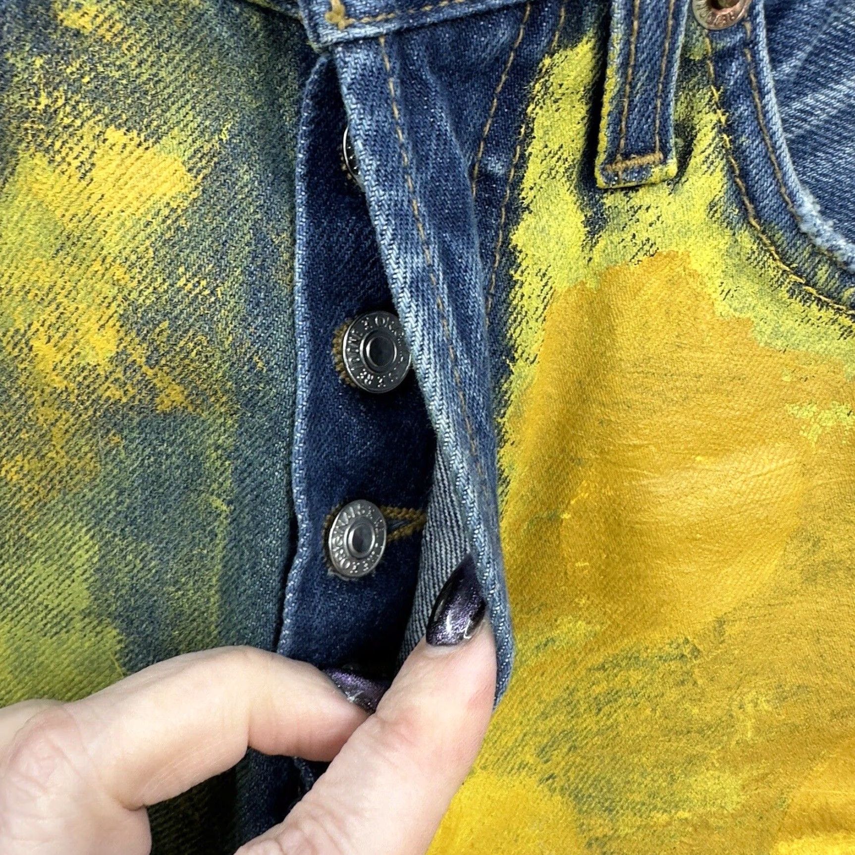 Vintage Redone Jeans Womens 24 Mid Rise Button Fly Straight Leg Painted Boho Denim Blue 5-Pocket Design Style Straight Vintage No Brand Redone Size 42" / US 20 - 3 Thumbnail