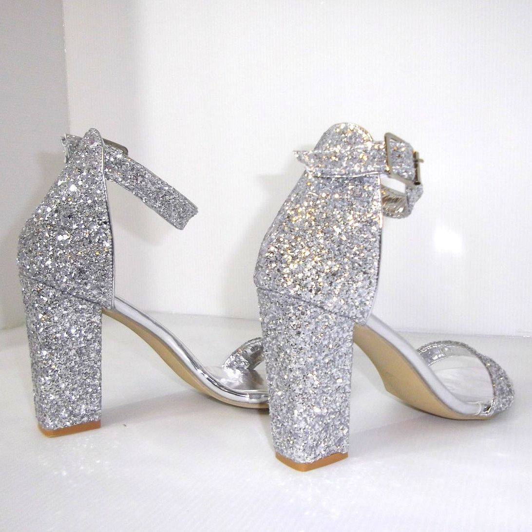 Other Sliver Glitter Open Toe Ankle Strap 4" Chunky Block Heel Size US 8.5 / IT 38.5 - 2 Thumbnail