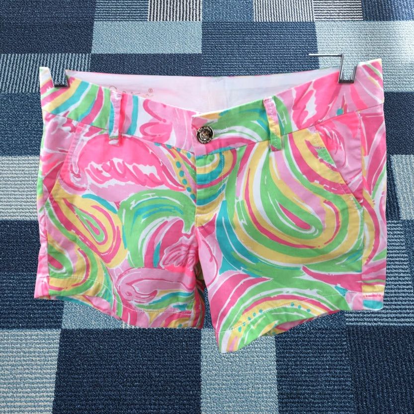 Lilly Pulitzer The Callahan 5 Inch Shorts Size 0 Multicolor Pinks Green Yellows Flamingo Chino Flat Front Pockets Women Summer Spring, Women's (Size 25)