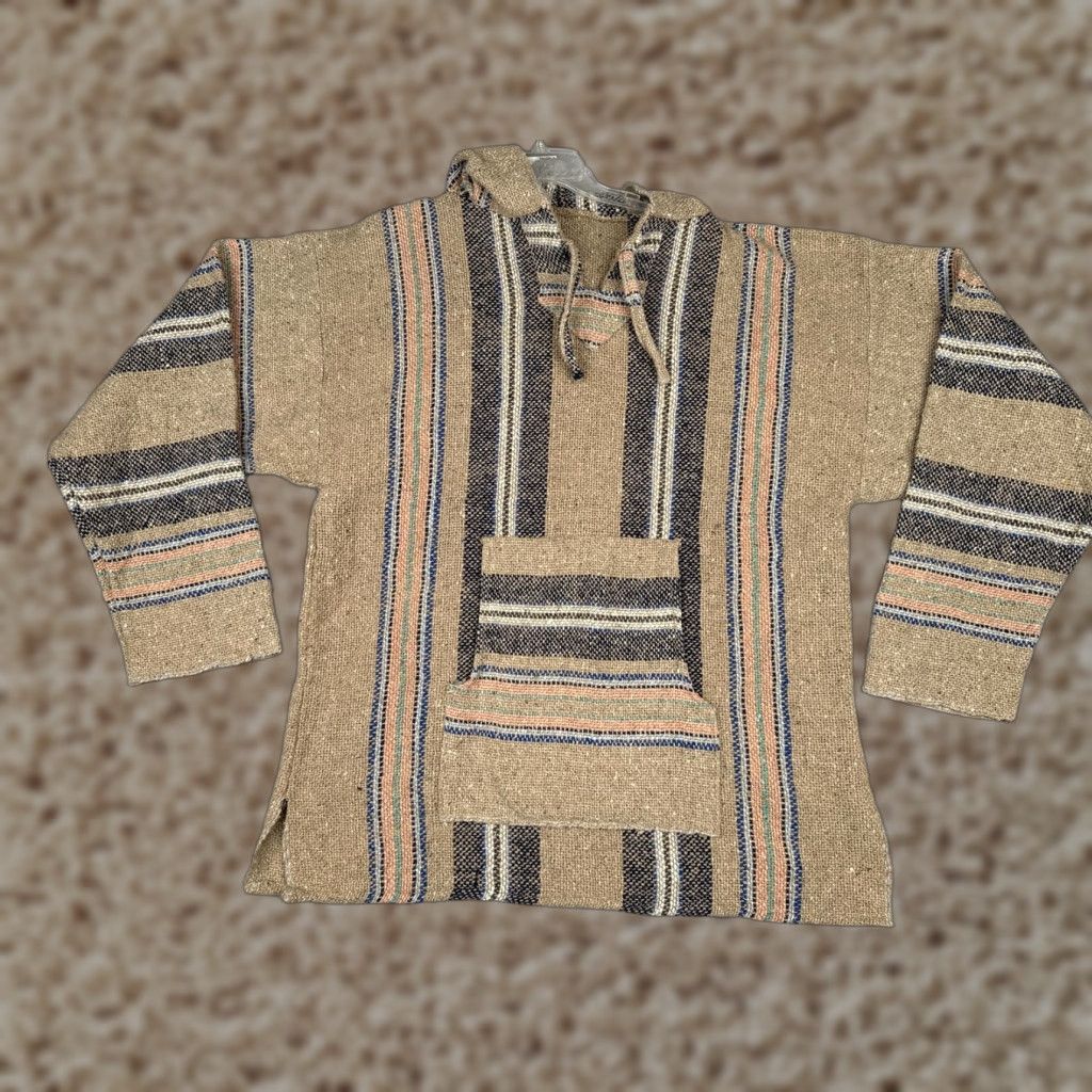 KangaROOS Baja Hoodie Mens Large Beige Striped Kangaroo Pocket Hippie Poncho Drug Rug Hoodie Size US L / EU 52-54 / 3 - 1 Thumbnail