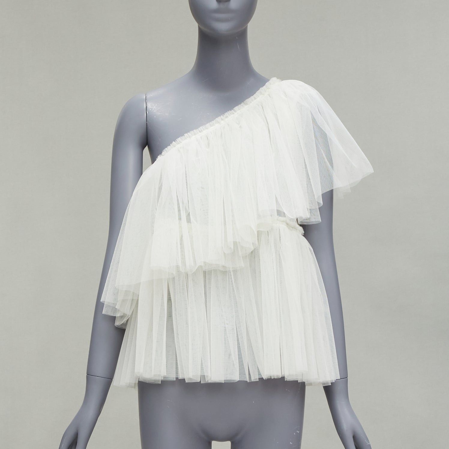 image of Molly Goddard Cream Tulle Tiered One Shoulder Sheer Top Uk6 Xs, Women's