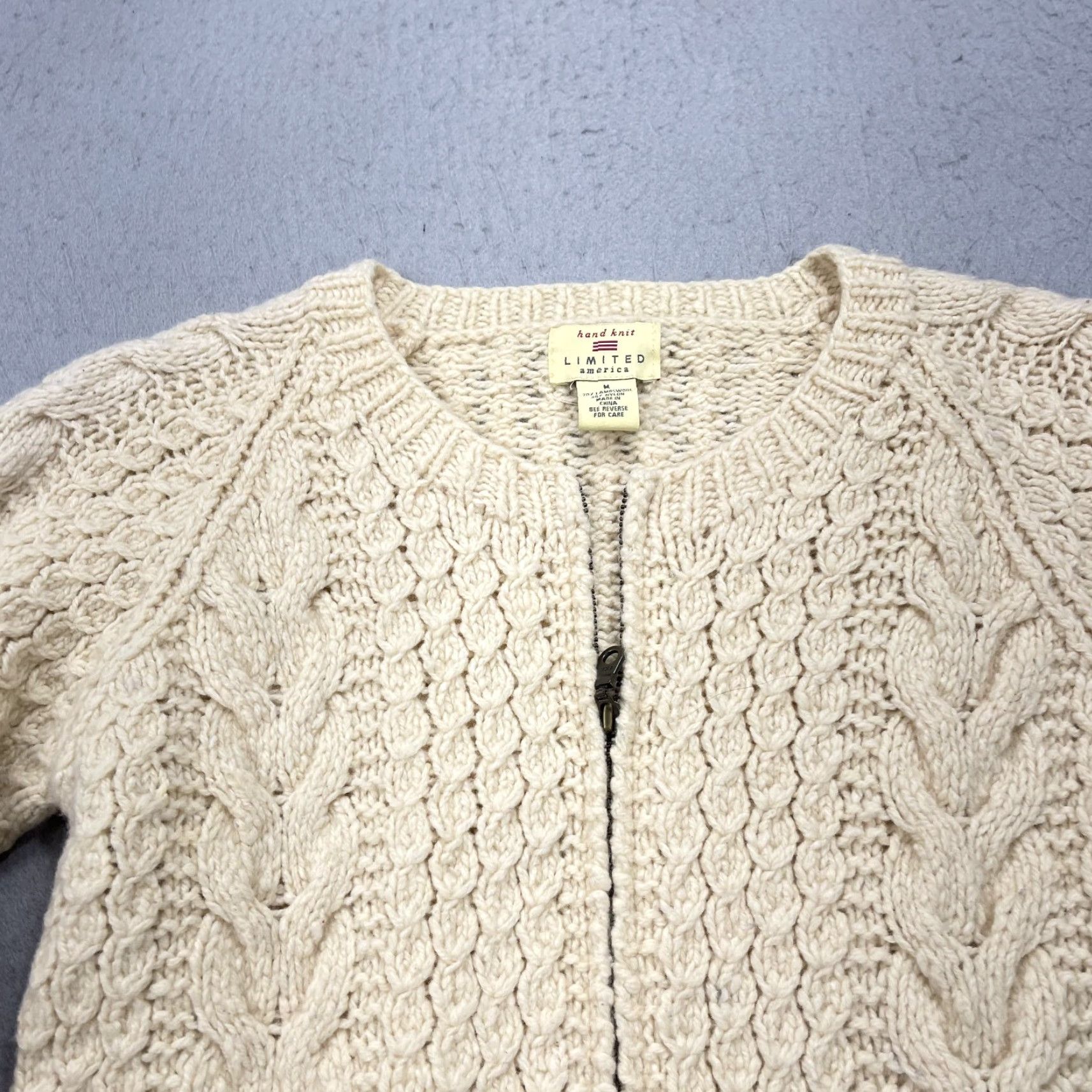 Vintage VINTAGE Limited America Fisherman Sweater Womens M Cardigan 90s Wool Ivory Zip Knitted Knit M Womens 90s Size M / US 6-8 / IT 42-44 - 2 Thumbnail