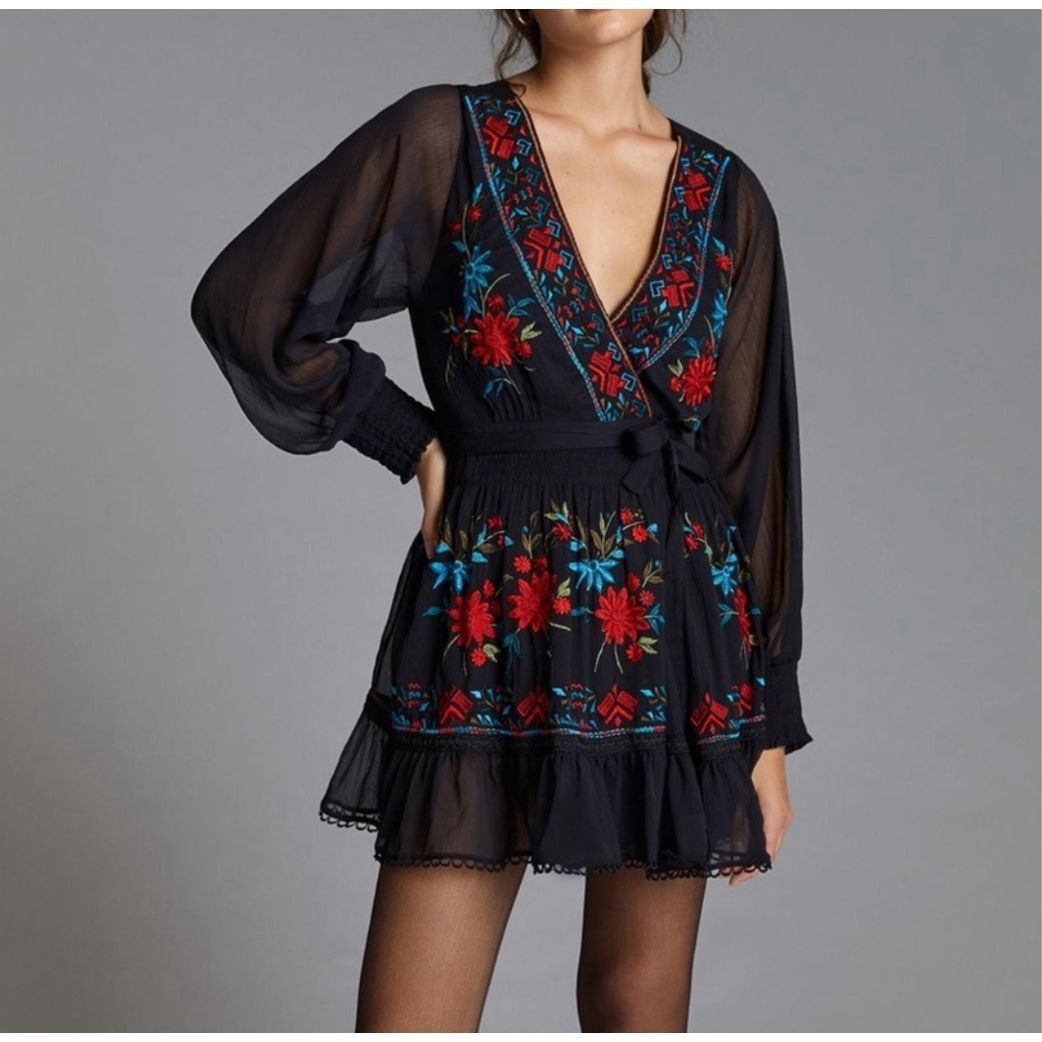 image of Anthropologie NWT Black Multi Color Embroidered Wrap Mini Dr, Women's (Size Small)