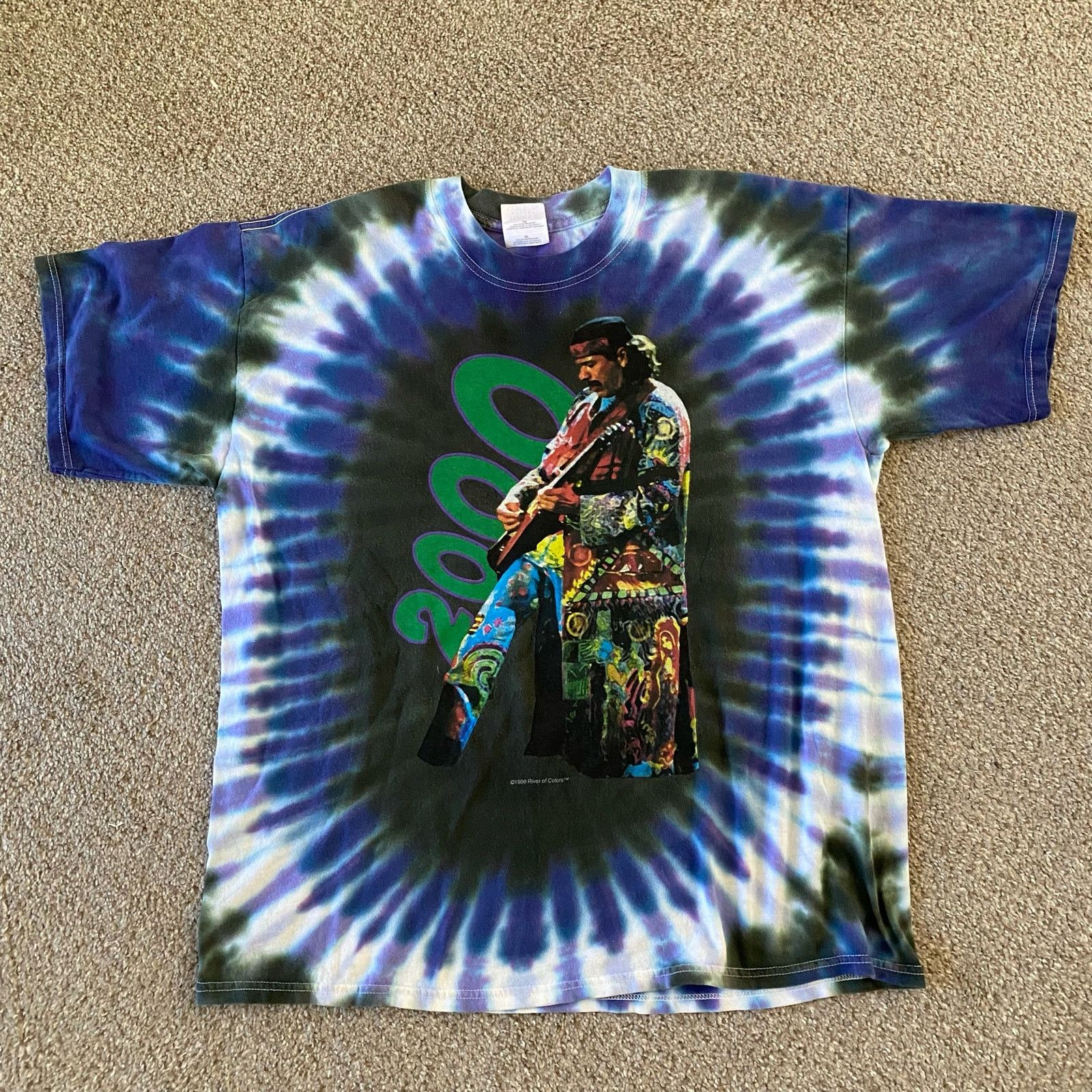 image of Gildan Vintage Santana Tie Dye Band T Shirt 2000 Y2K Graphic Tour in Blue, Men's (Size XL)