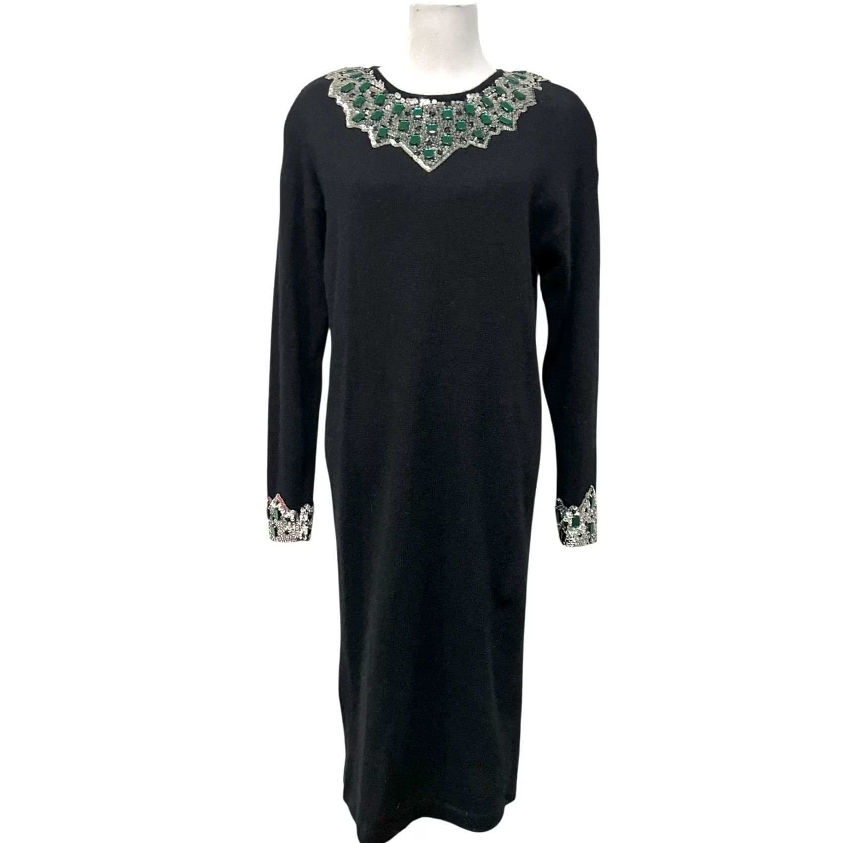 Etro VINTAGE Outlander Sweater Dress Dress Medium Black Wool Angora Bling Midi Retro 90s Womens Beaded Rhinestone 80s 90s Size M / US 6-8 / IT 42-44 - 2 Thumbnail
