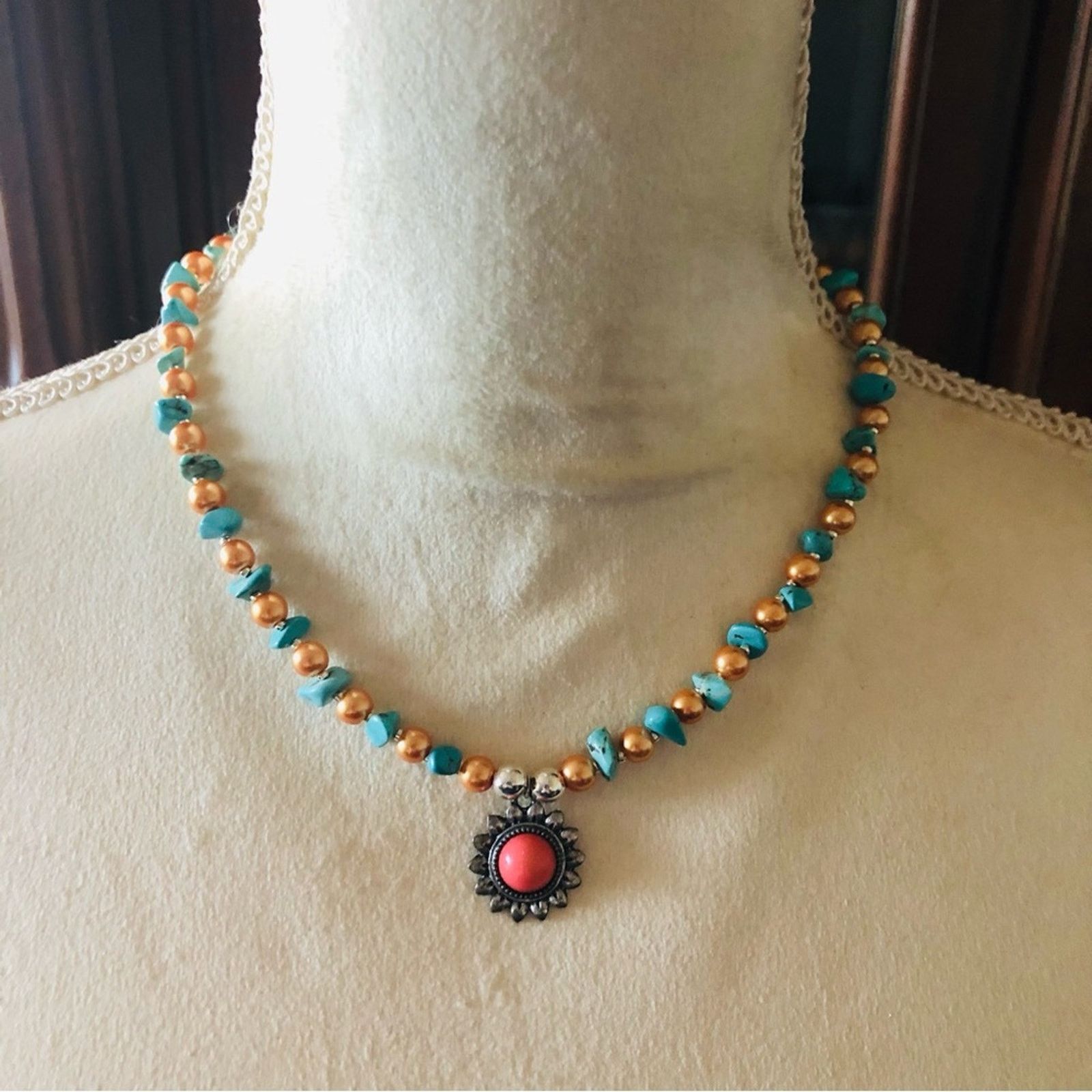 Handmade Handcrafted southwest style red coral howlite stone necklac Size ONE SIZE - 2 Thumbnail