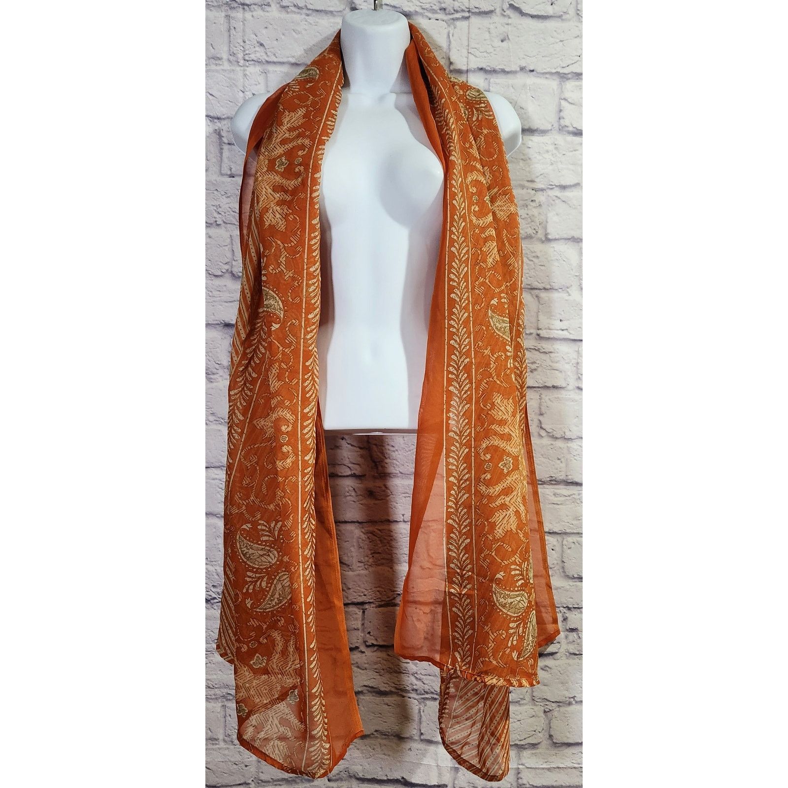 Other Orange White Floral Print Long Scarf Lightweight Soft Sheer Size ONE SIZE - 1 Thumbnail