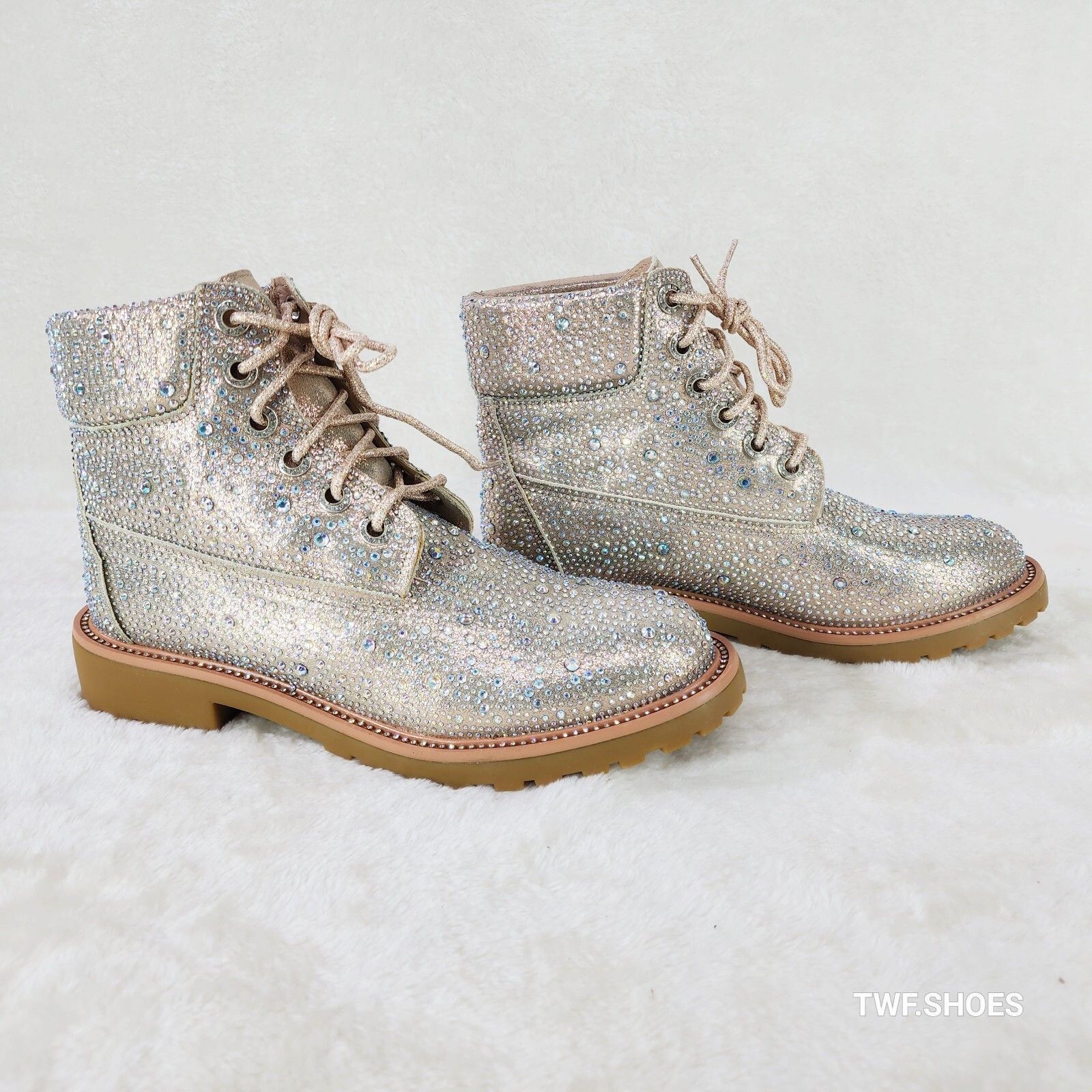 Other Wonder Sparkling Rhinestone Combat Ankle Boots Metallic Rose Size US 8.5 / IT 38.5 - 2 Thumbnail