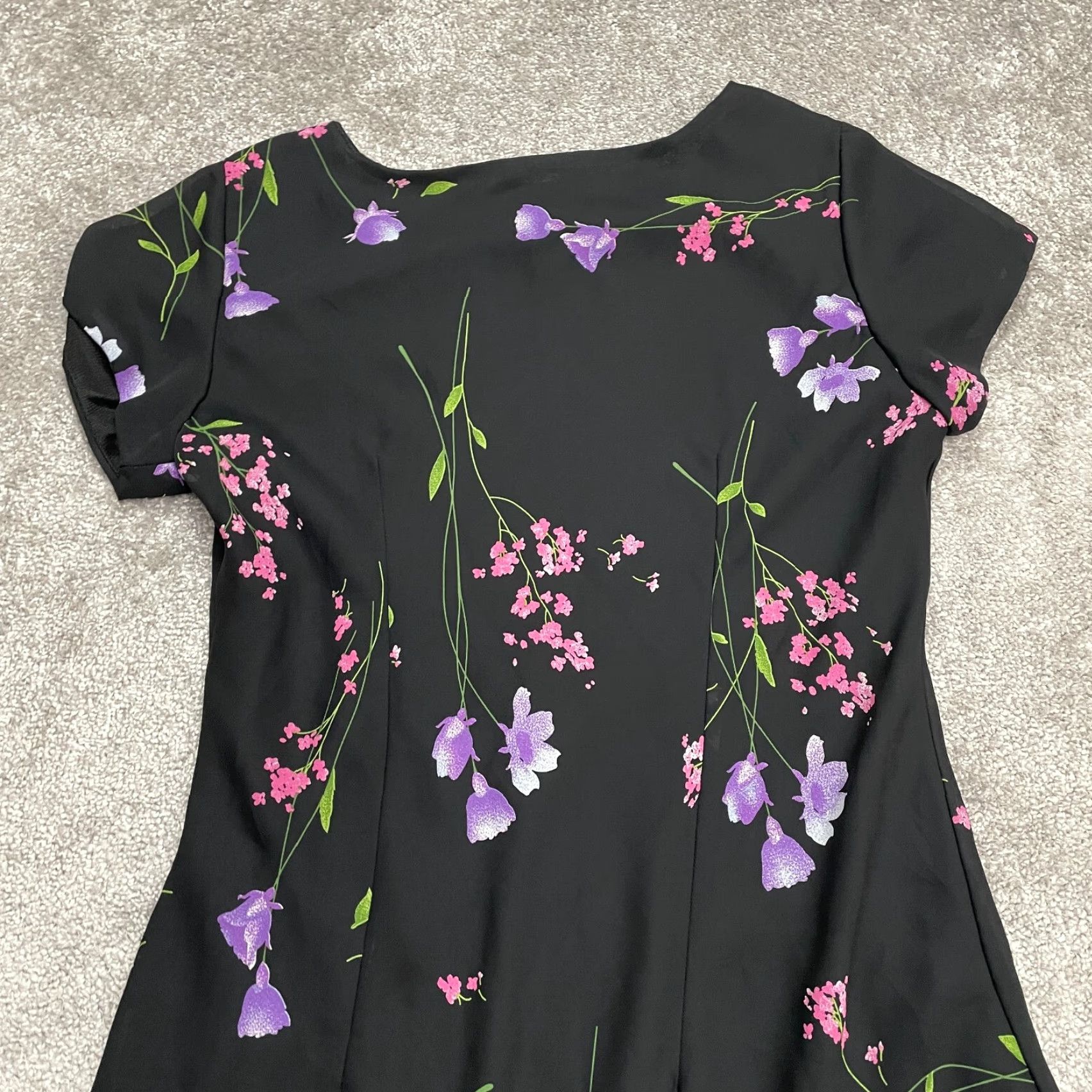 Vintage Premier Midi Maxi A-Line Dress Womens M Black Floral Short Sleeve Chiffon Size 32" / US 10 / IT 46 - 3 Thumbnail
