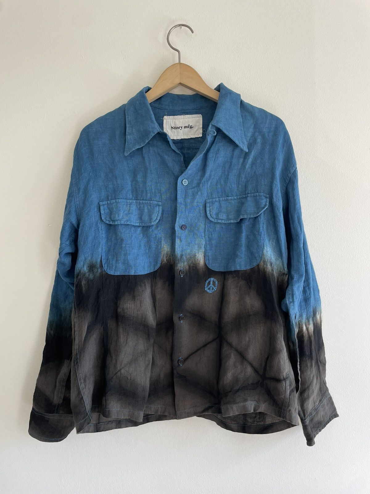 image of Story Mfg Linen Tie Dye Embroidered Shirt Size S in Indigo, Men's