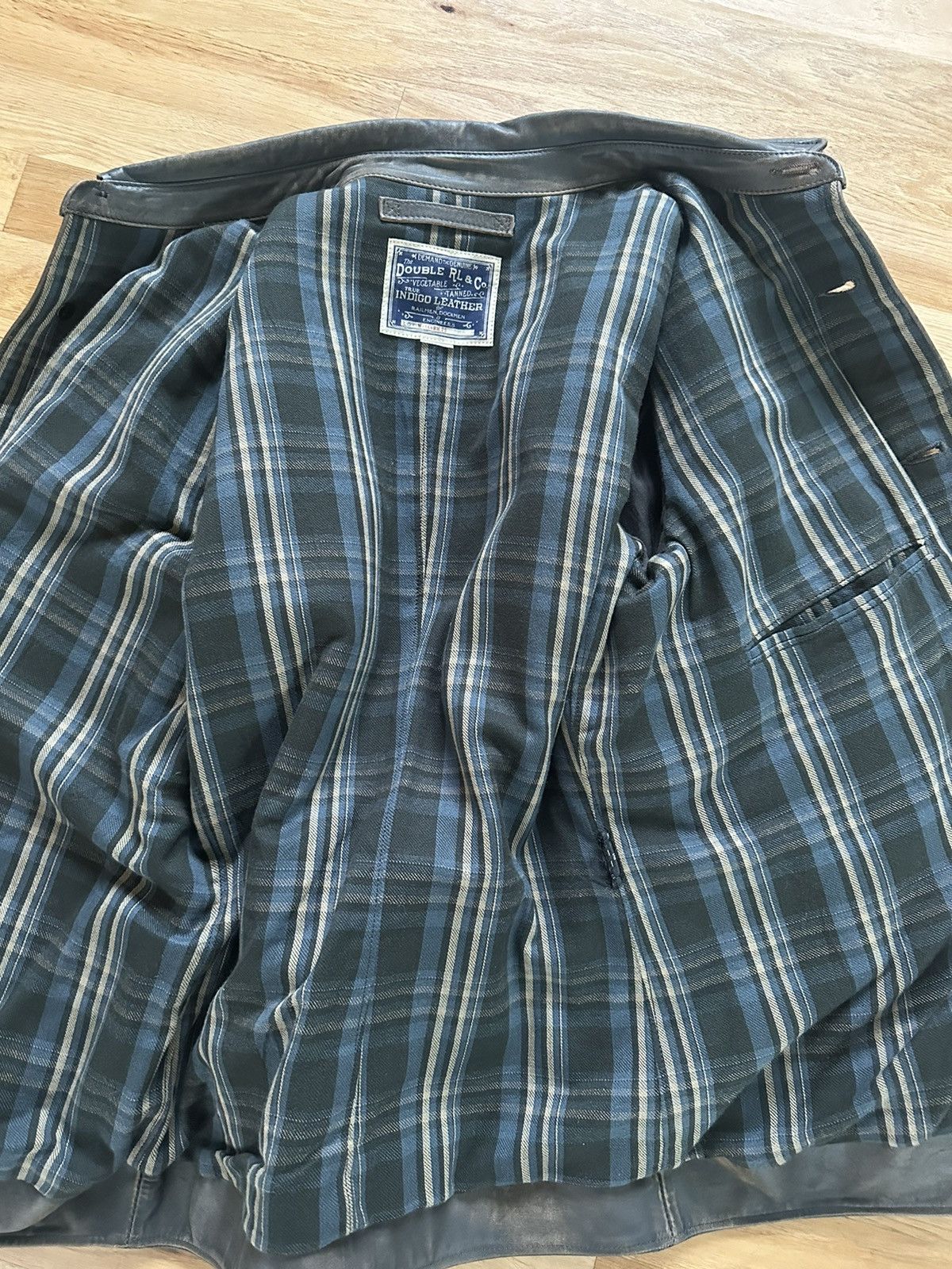 image of Rrl Ralph Lauren Double Rl Washed Indigo Leather Car Coat Spring 2023, Men's (Size Small)