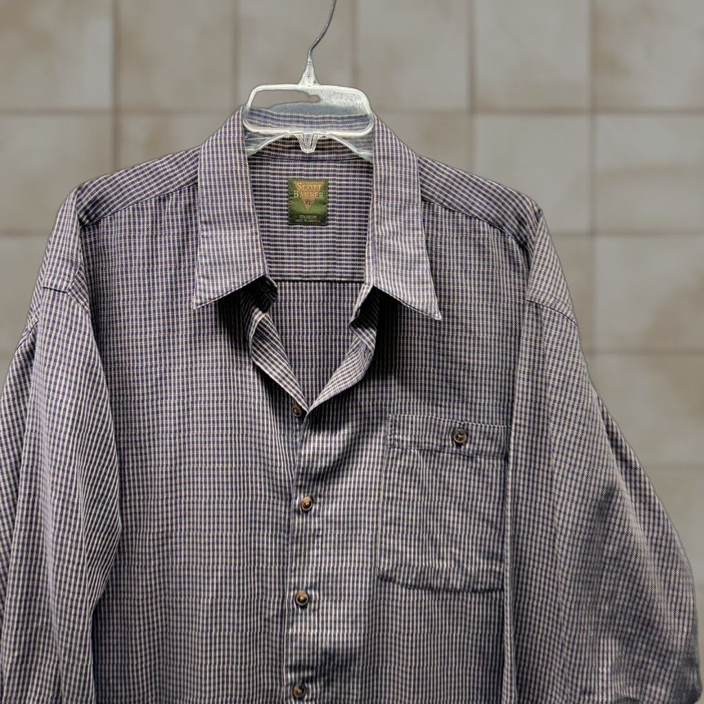 Vintage Scott Barber Shirt XL Blue Cotton Button-Up Mens Casual Classic 80s 90s Preppy Knit Collar-Down Button Size US XL / EU 56 / 4 - 1 Thumbnail